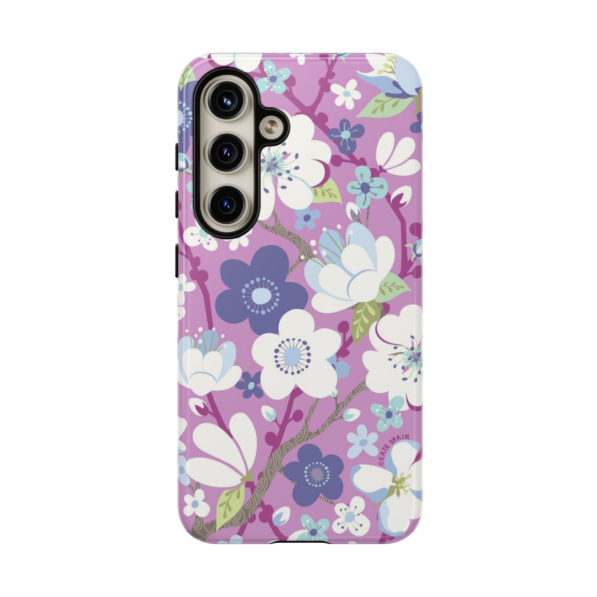 Cherry Blossom Samsung Galaxy S24 Case – Glossy | mauve, white, periwinkle cherry blossom floral print