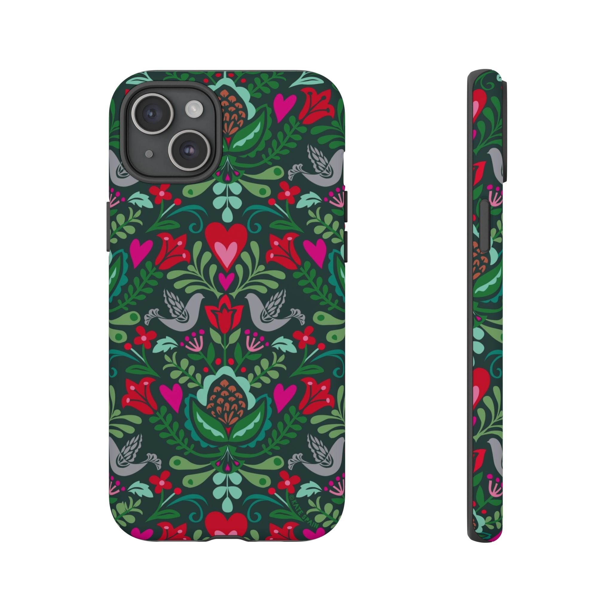 Rosemaling Tough iPhone 15 Plus Case – Matte | dark green, red, pink, gray folk art floral bird print