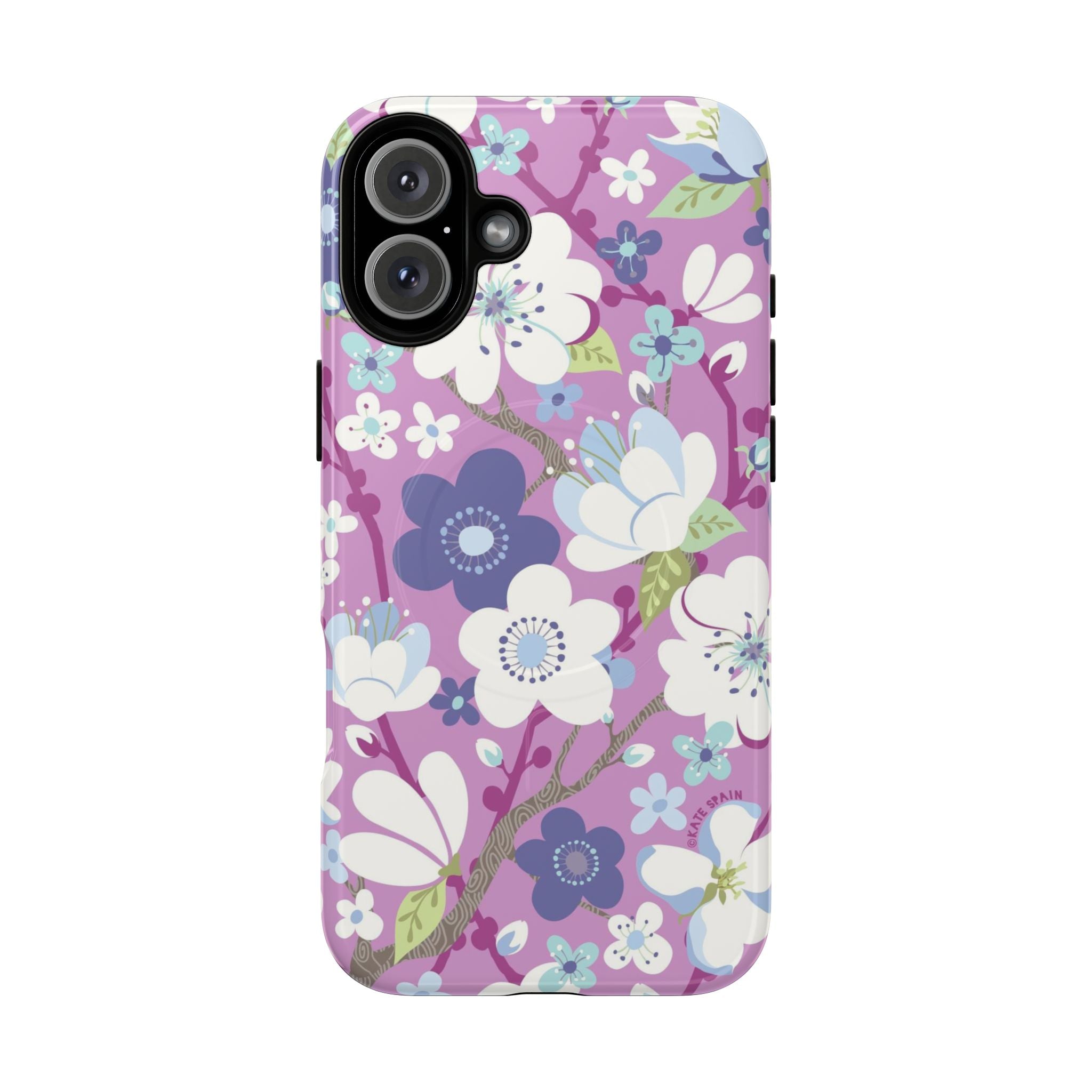 Purple Cherry Blossom MagSafe iPhone 16 Plus Case – Glossy | mauve, purple, blue, white cherry blossom print