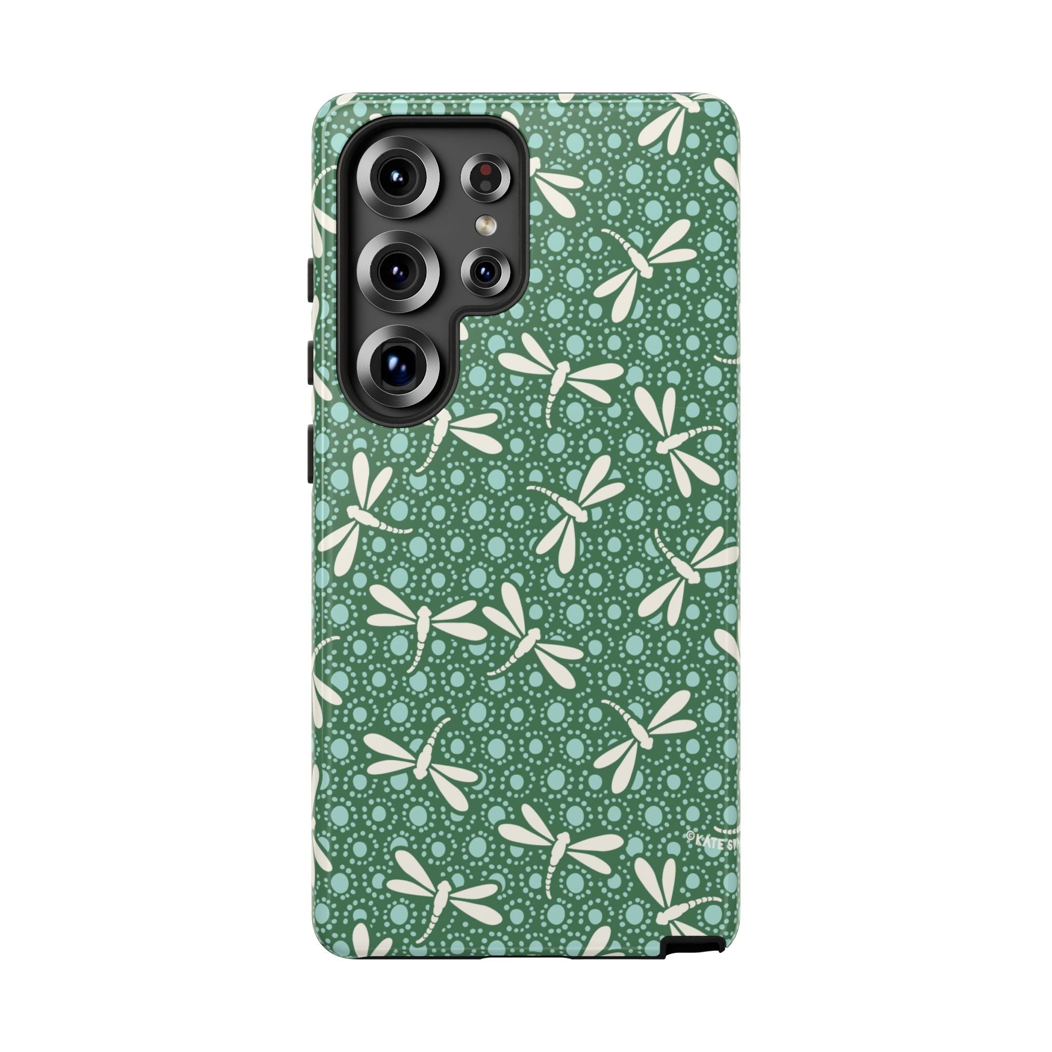 Luxury Dragonfly Samsung Galaxy S25 Ultra Case – Glossy | jade green, aqua, cream dragonfly print