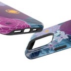 Bloomerie MagSafe iPhone 16 Pro Max Glossy Case – lifestyle angled view of button, ports, and camera cutout| navy, purple, magenta botanical peony floral print