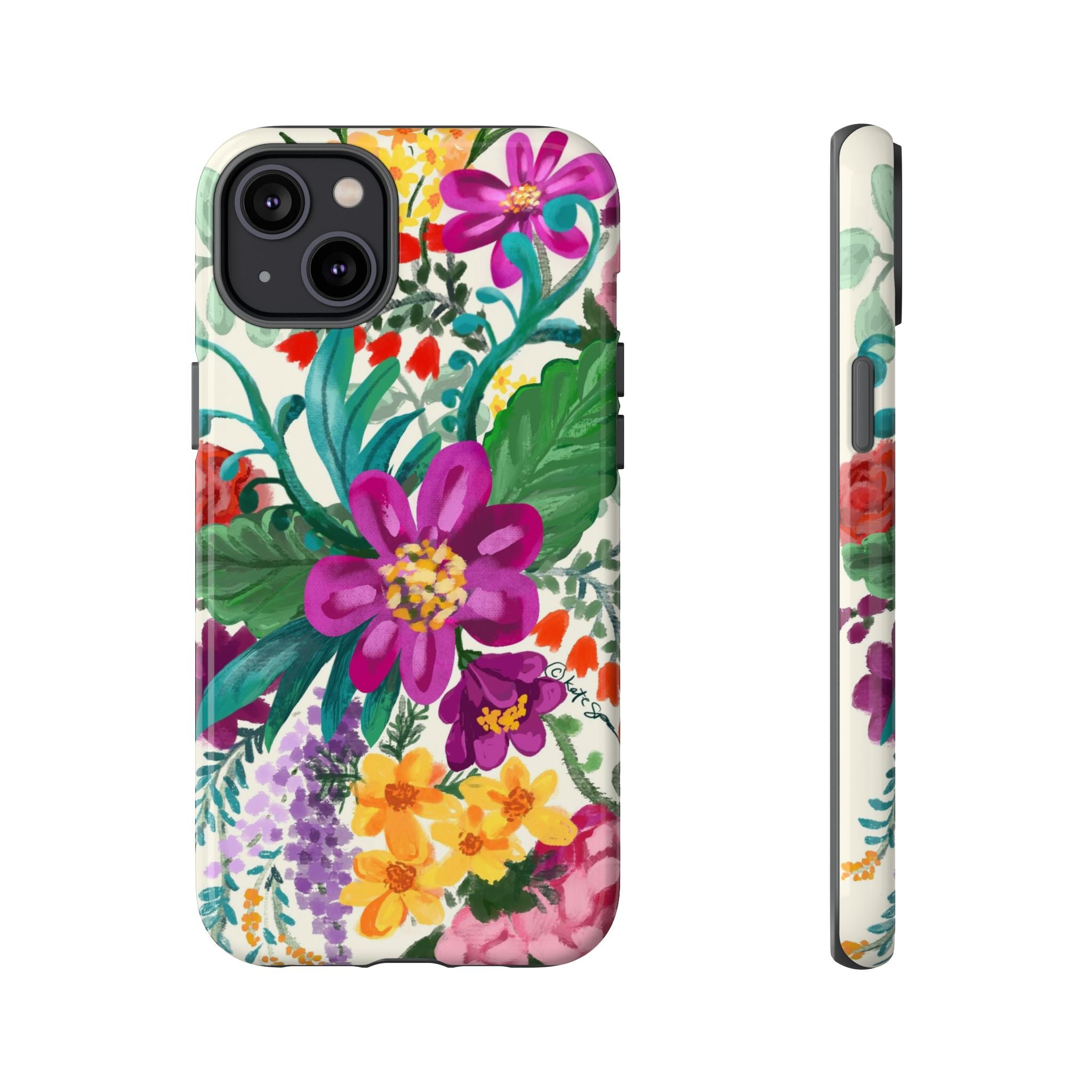 Posy Tough iPhone 14 Plus Case – Glossy | cream, magenta, coral botanical floral print