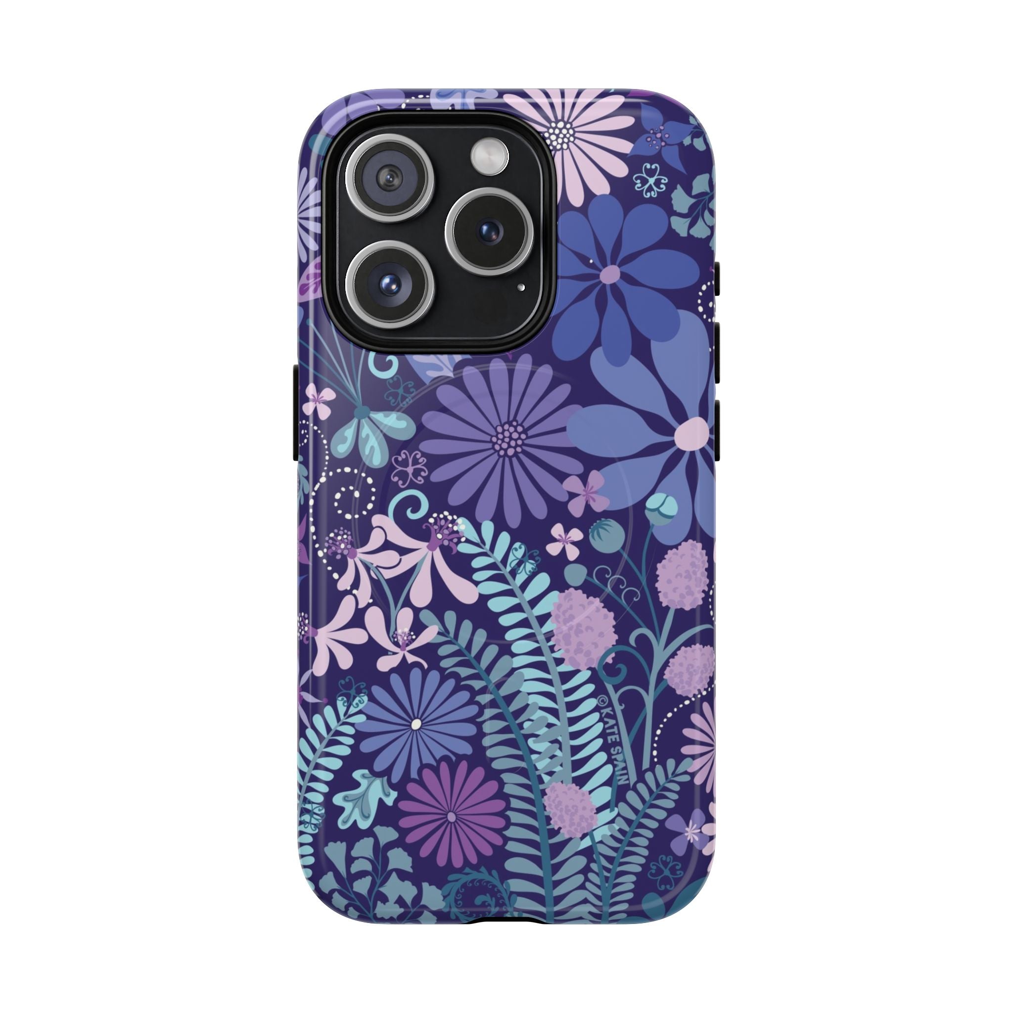 Terrain Night MagSafe iPhone 15 Pro Case – Glossy | navy, purple, aqua botanical woodland floral print