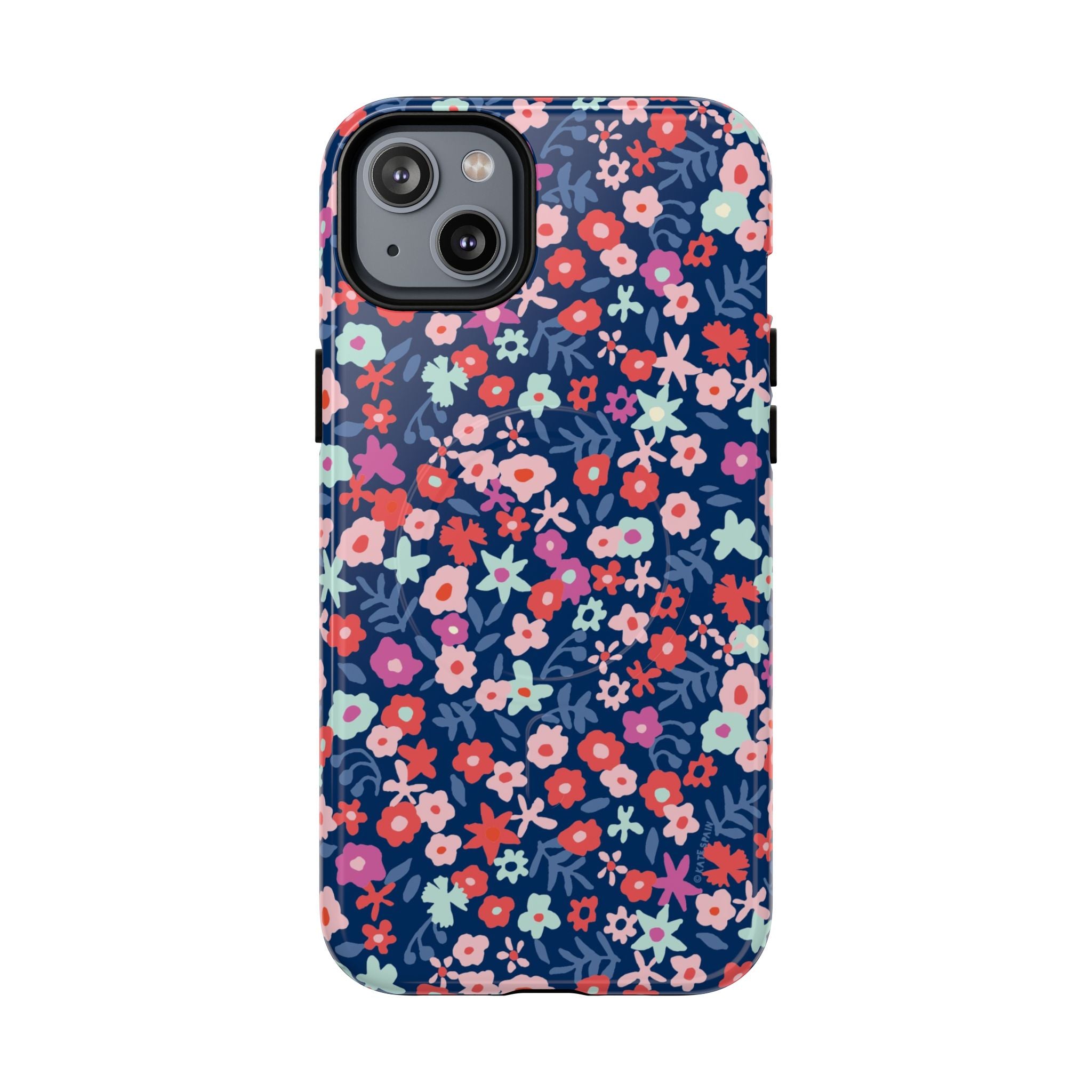 Primrose MagSafe iPhone 14 Plus Case – Glossy | navy, pink, white ditsy floral print