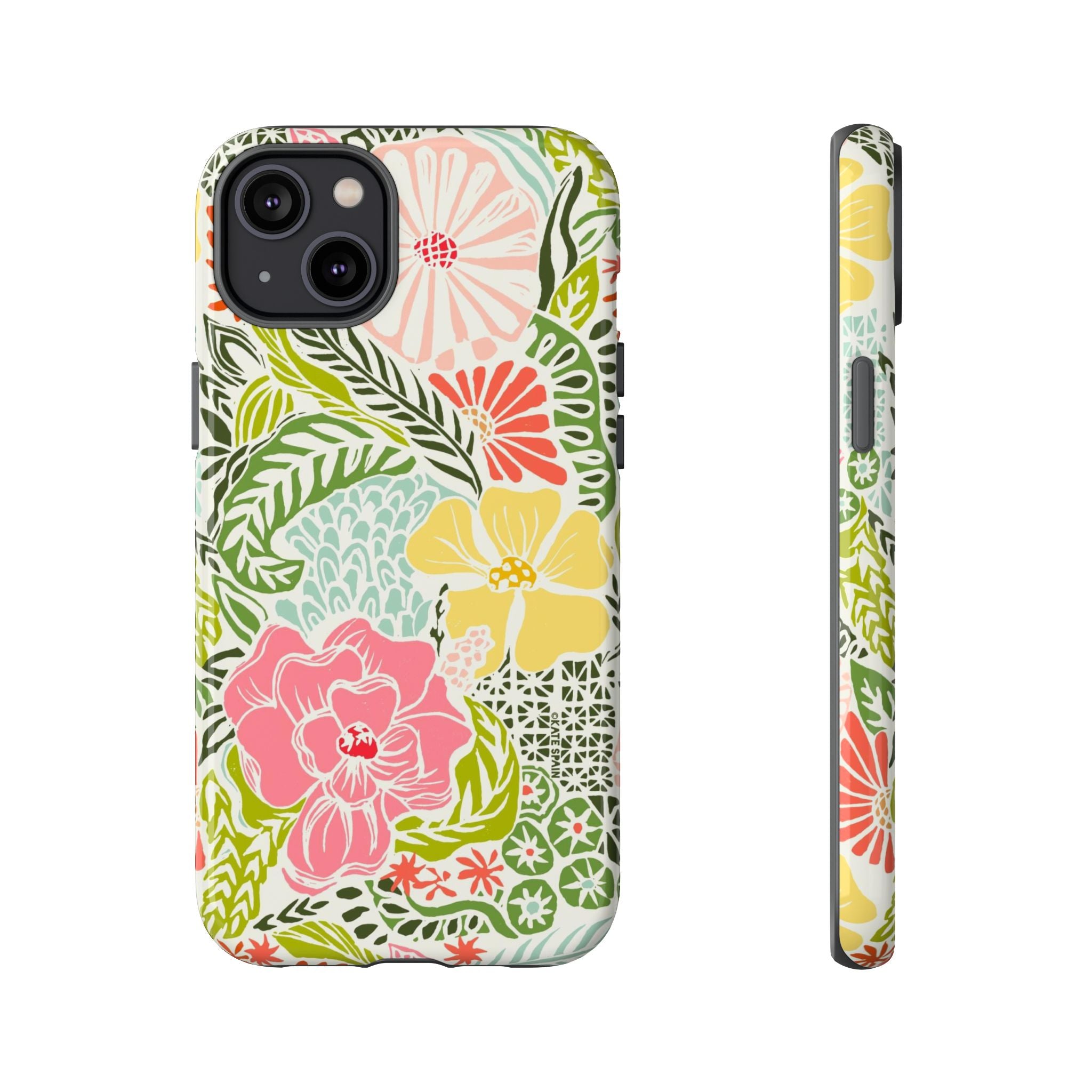 Tropica Tough iPhone 14 Plus Case – Glossy | cream, pink, yellow, blue botanical floral print