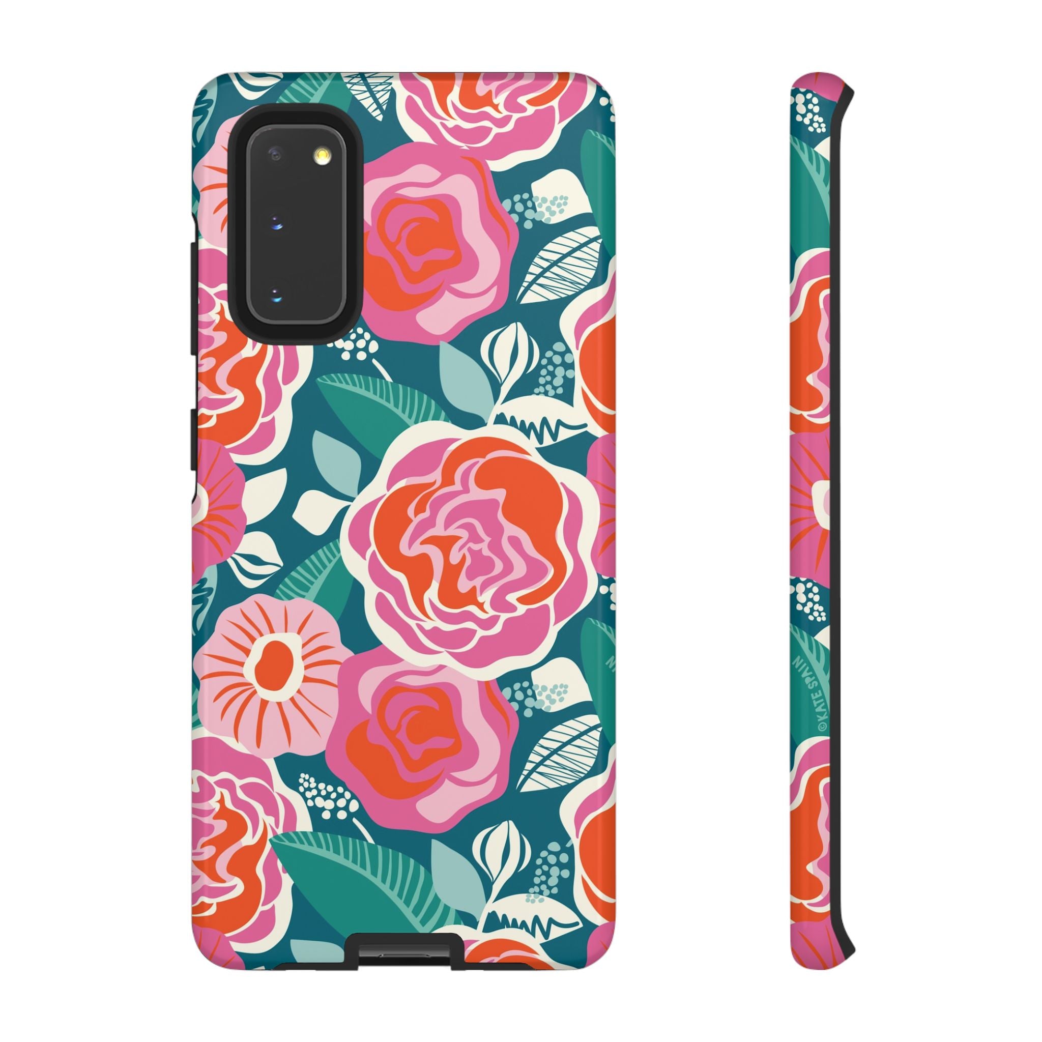 Luxury Tea Rose Teal Samsung Galaxy S20 Case – Glossy | teal, coral, pink botanical rose floral prints