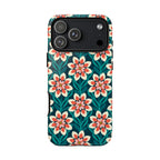Modern Dahlia Tough iPhone 17 Pro Max Case – Glossy | teal, coral, cream geometric dahlia floral print