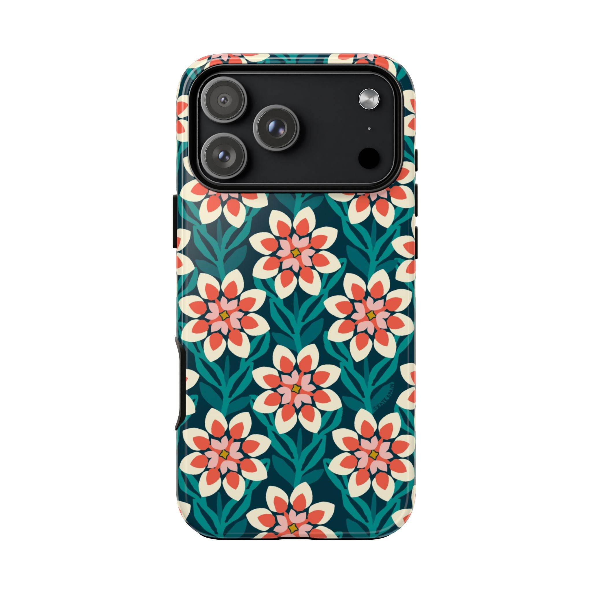 Modern Dahlia Tough iPhone 17 Pro Max Case – Glossy | teal, coral, cream geometric dahlia floral print