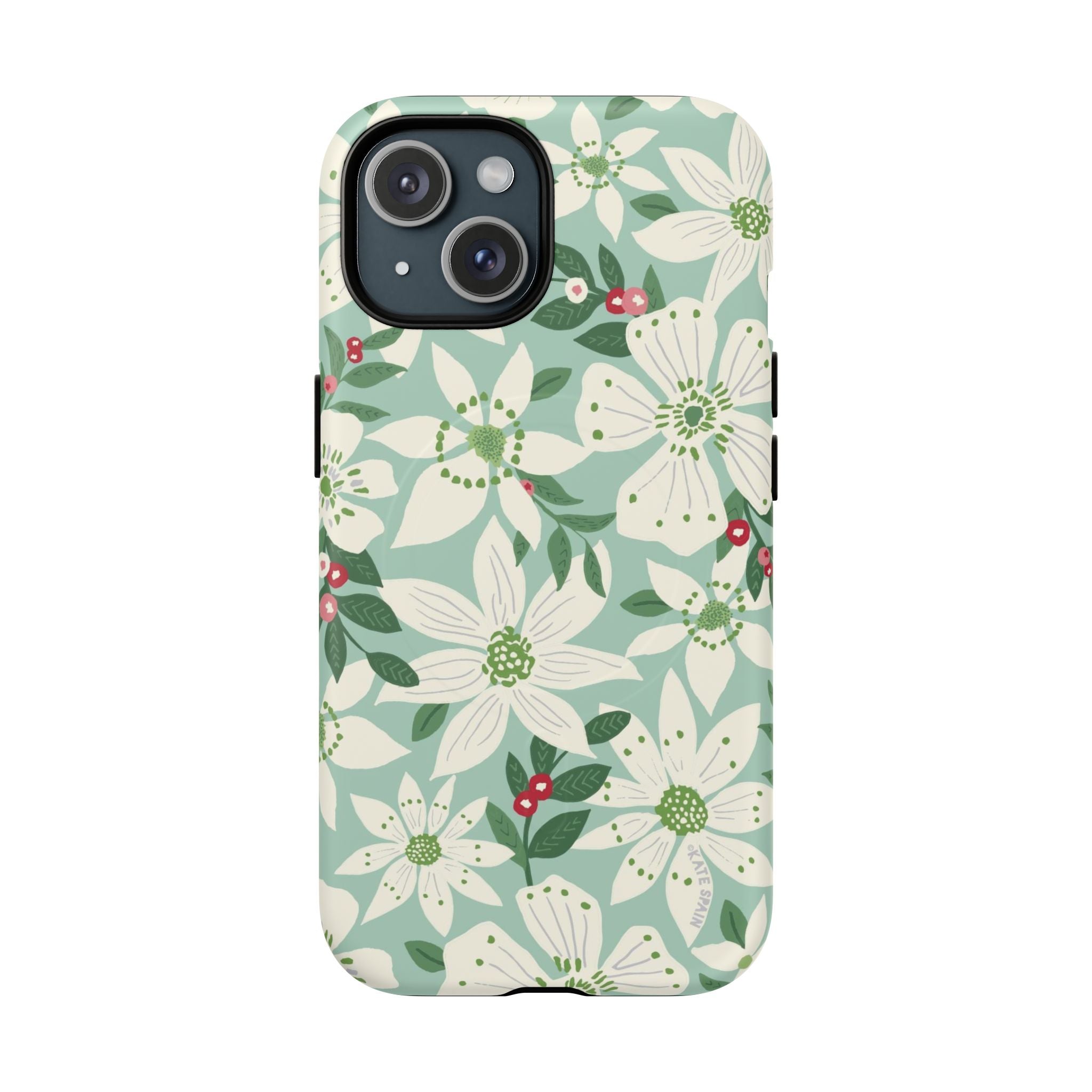 Gardenia MagSafe iPhone 15 Case – Matte | light blue, white, green, red gardenia botanical print