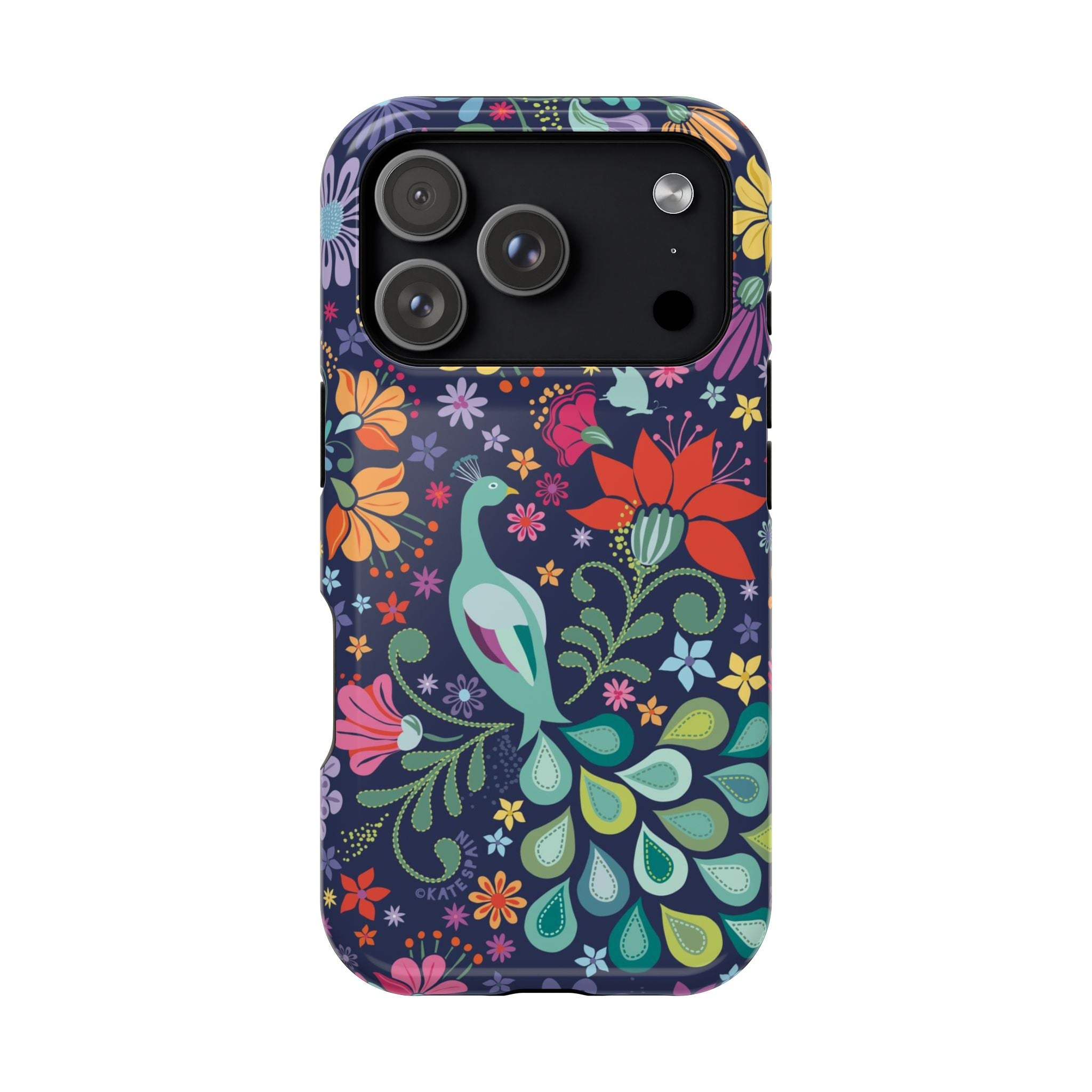 Peacock Sanctuary MagSafe iPhone 17 Pro Case – Glossy | navy, teal, ivory peacock botanical print MagSafe compatible, dual-layer protection