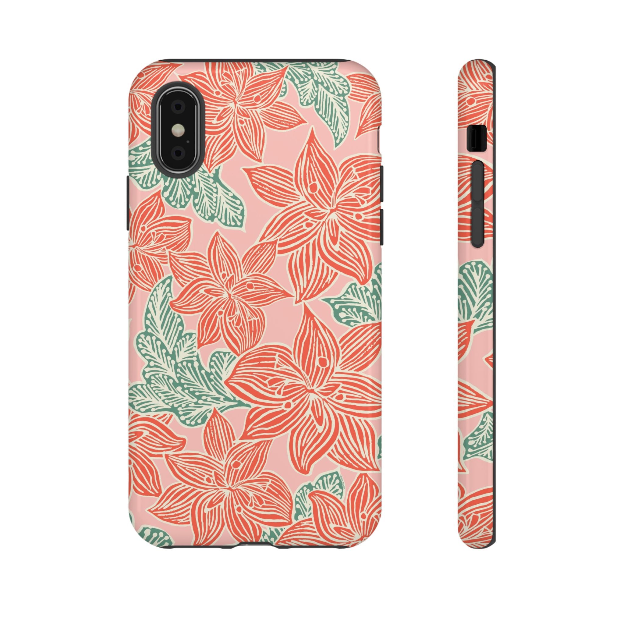 Hibiscus Coral iPhone X Glossy Case — blush pink hard case with large-scale coral red hibiscus flowers and teal-green leaves in a bold botanical linework print, densely layered across the surface