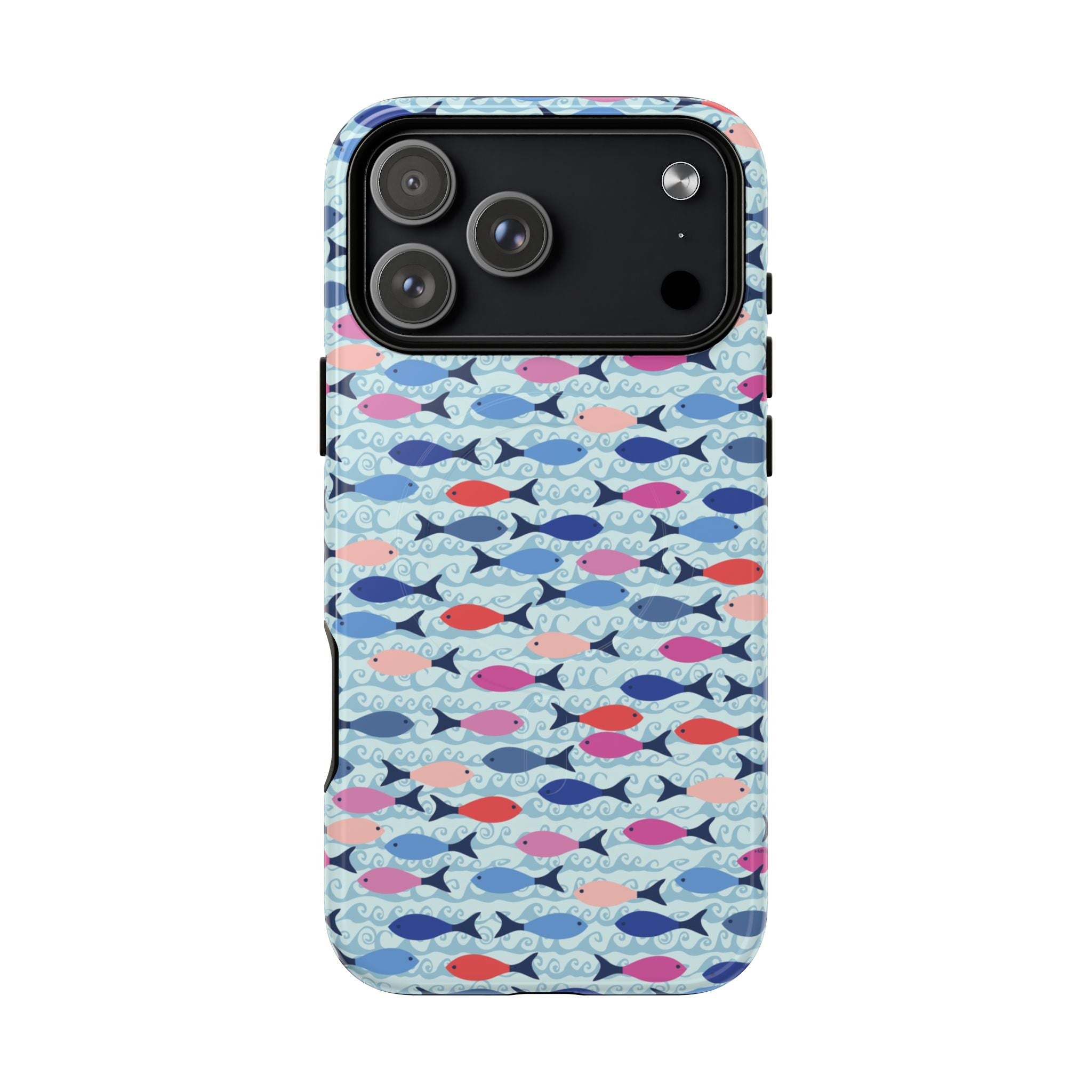 Summer Minnows MagSafe iPhone 17 Pro Max Case – Glossy | navy, coral, pink, and periwinkle fish on a pale aqua ground