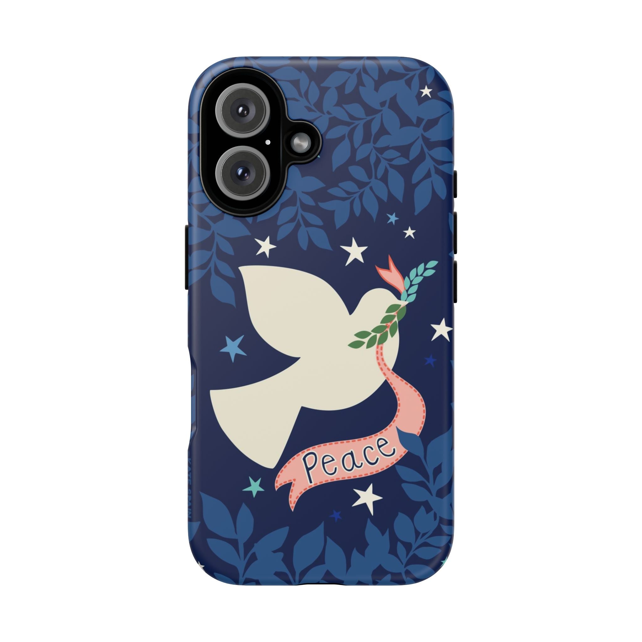Peace Tough iPhone 16 Case – Matte | navy, cream peace dove, stars, botanical print