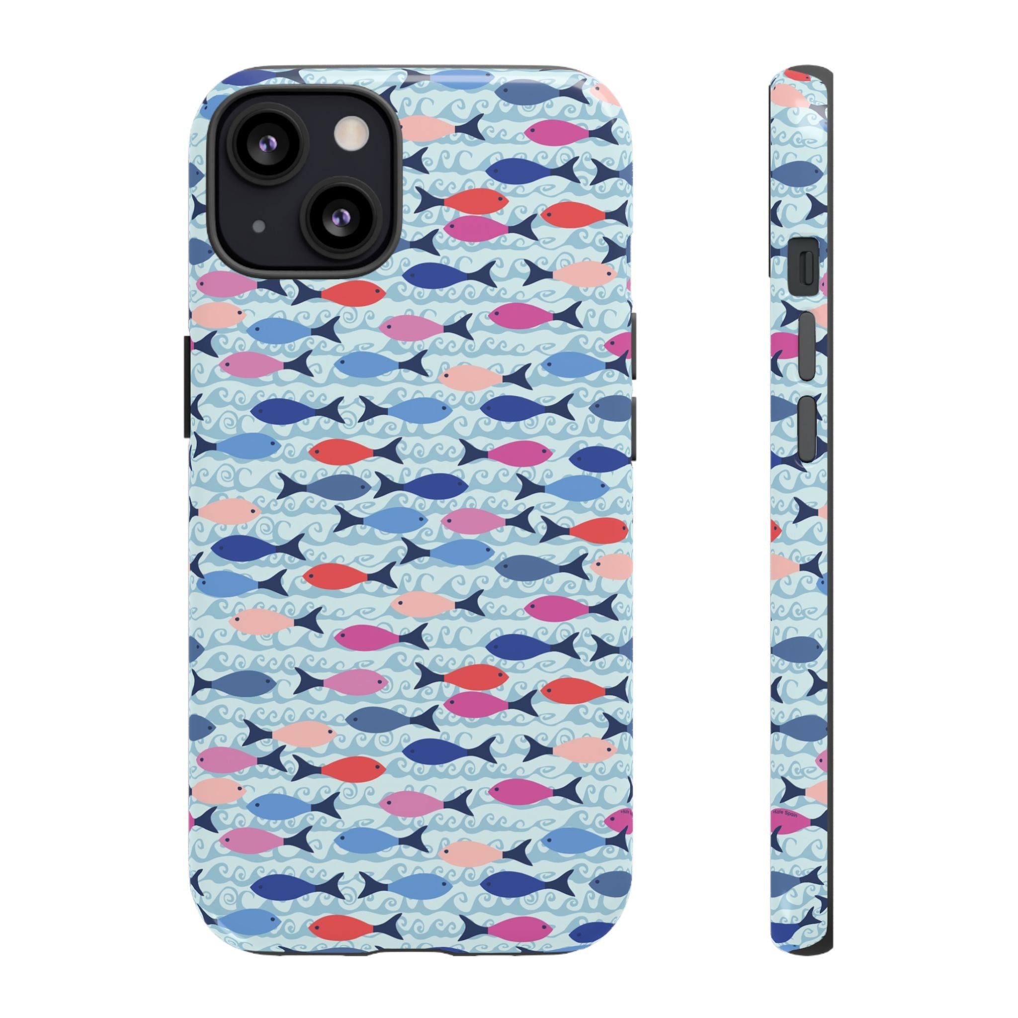 Summer Minnows Tough iPhone 13 Case – Glossy | navy, coral, pink, and periwinkle fish on a pale aqua ground