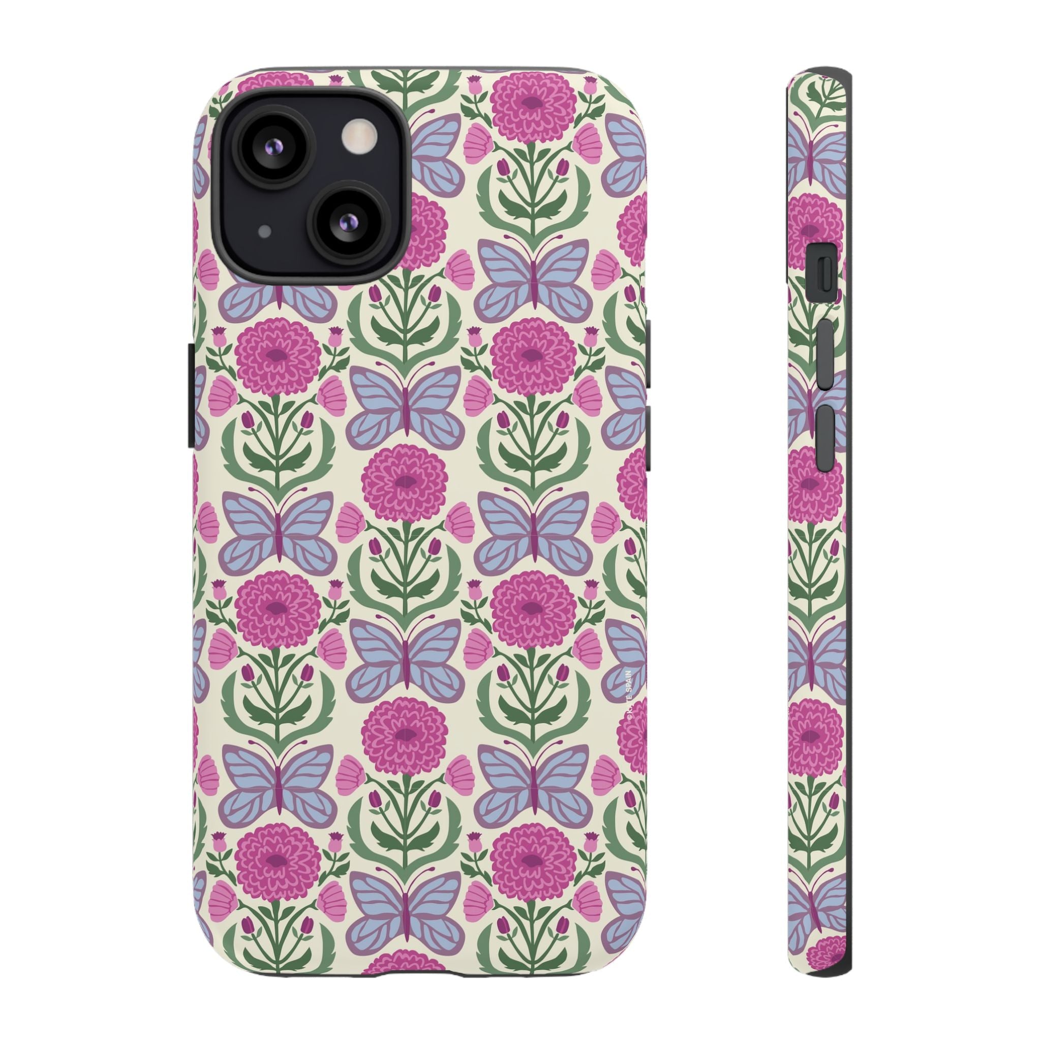 Butterfly Tough iPhone 13 Case – Glossy | cream, magenta, periwinkle butterfly floral print