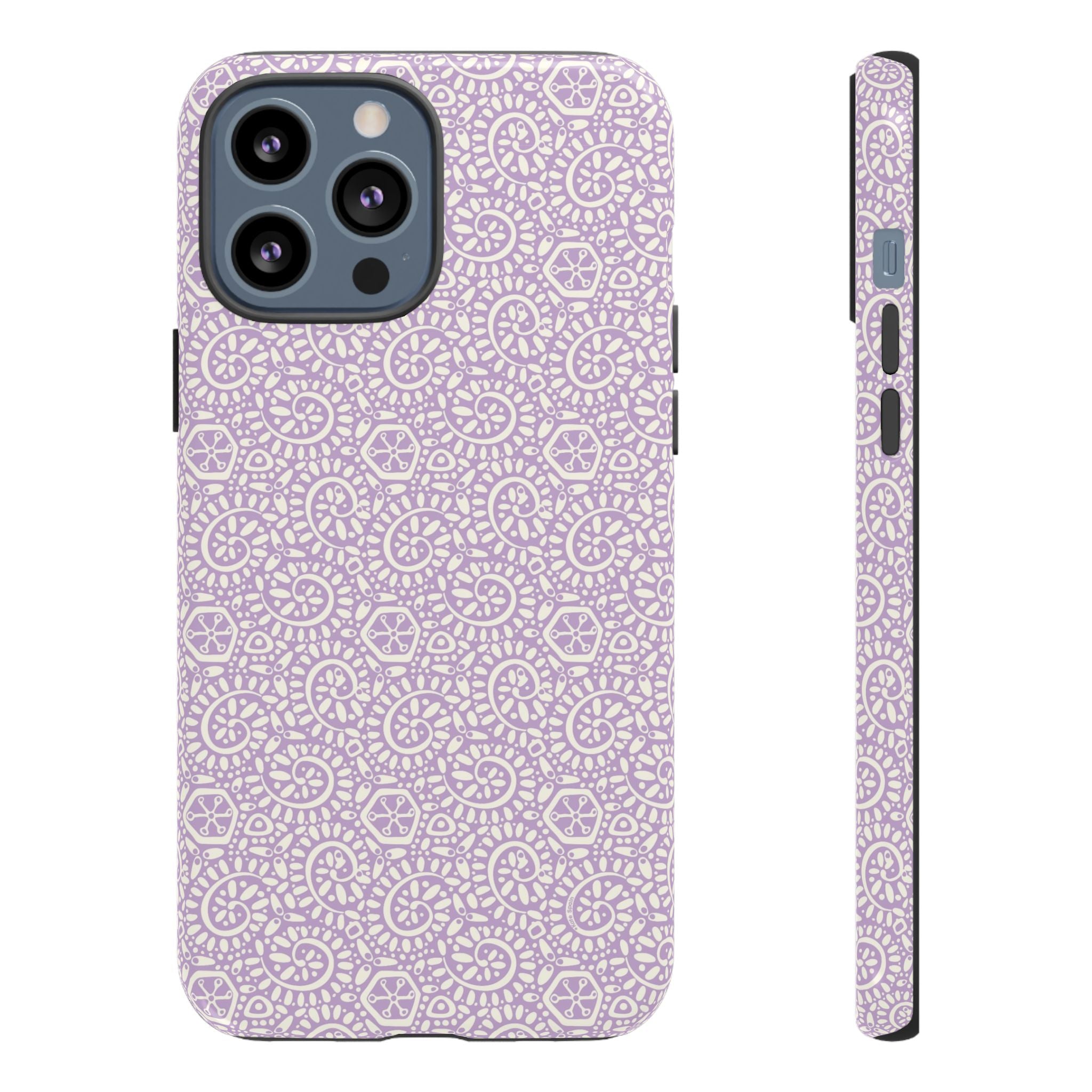 Canto Swirls Lavender iPhone 13 Pro Max Glossy Case — lavender hard case covered in an intricate folk-art medallion pattern of radiating circular motifs, dot clusters, and geometric centers