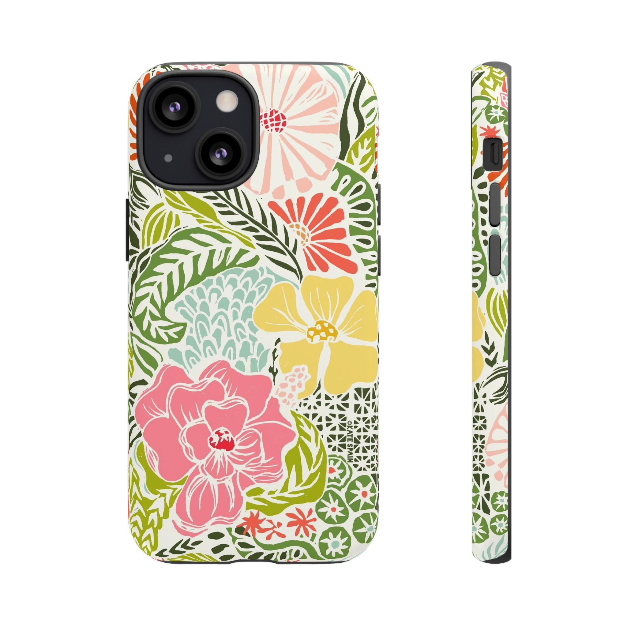 Tropica Tough iPhone 13 Mini Case – Matte | cream, pink, yellow, blue botanical floral print