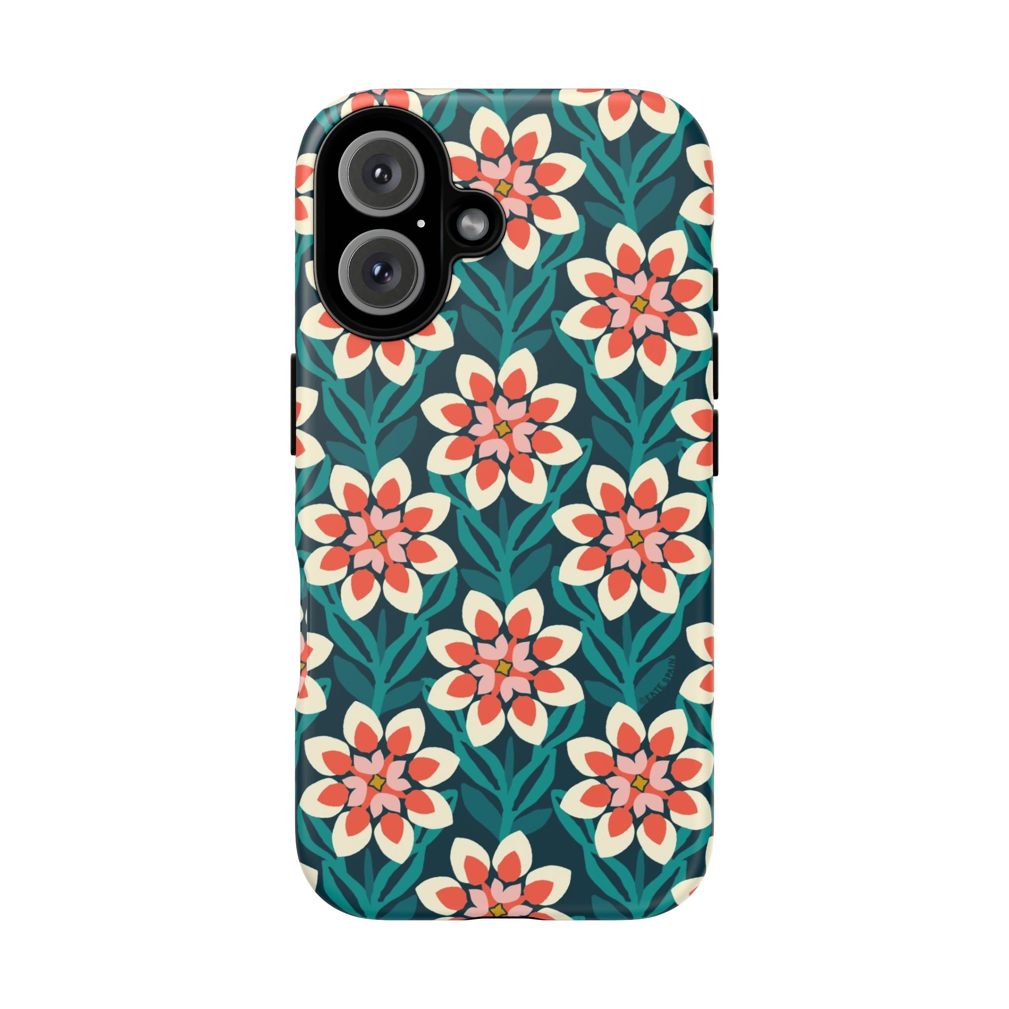 Modern Dahlia Tough iPhone 16 Case – Matte| teal, coral, cream geometric dahlia floral print