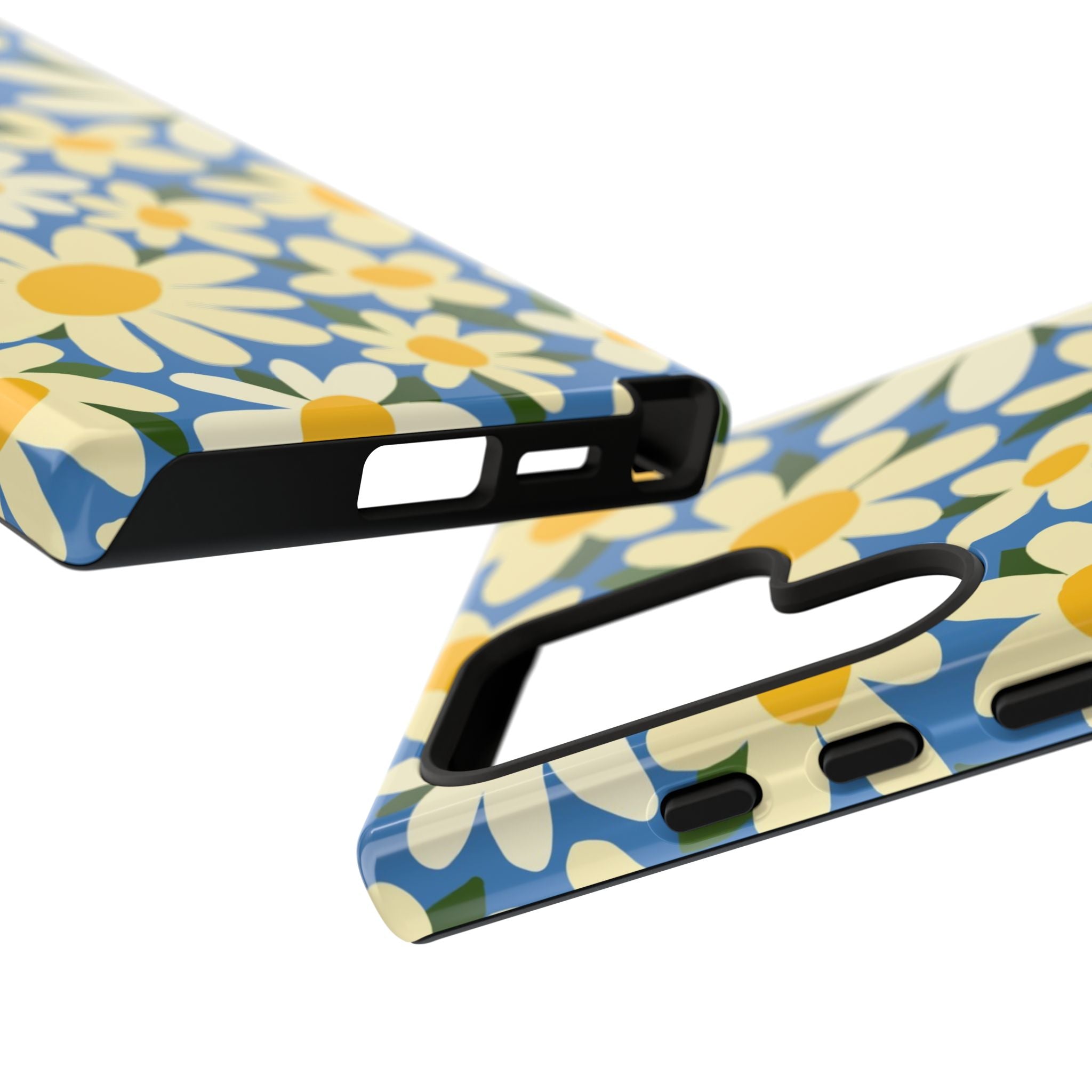 Luxury Shasta Samsung Galaxy S24 Ultra Case – Glossy | close-up of sides of case in blue, yellow, white daisy floral print