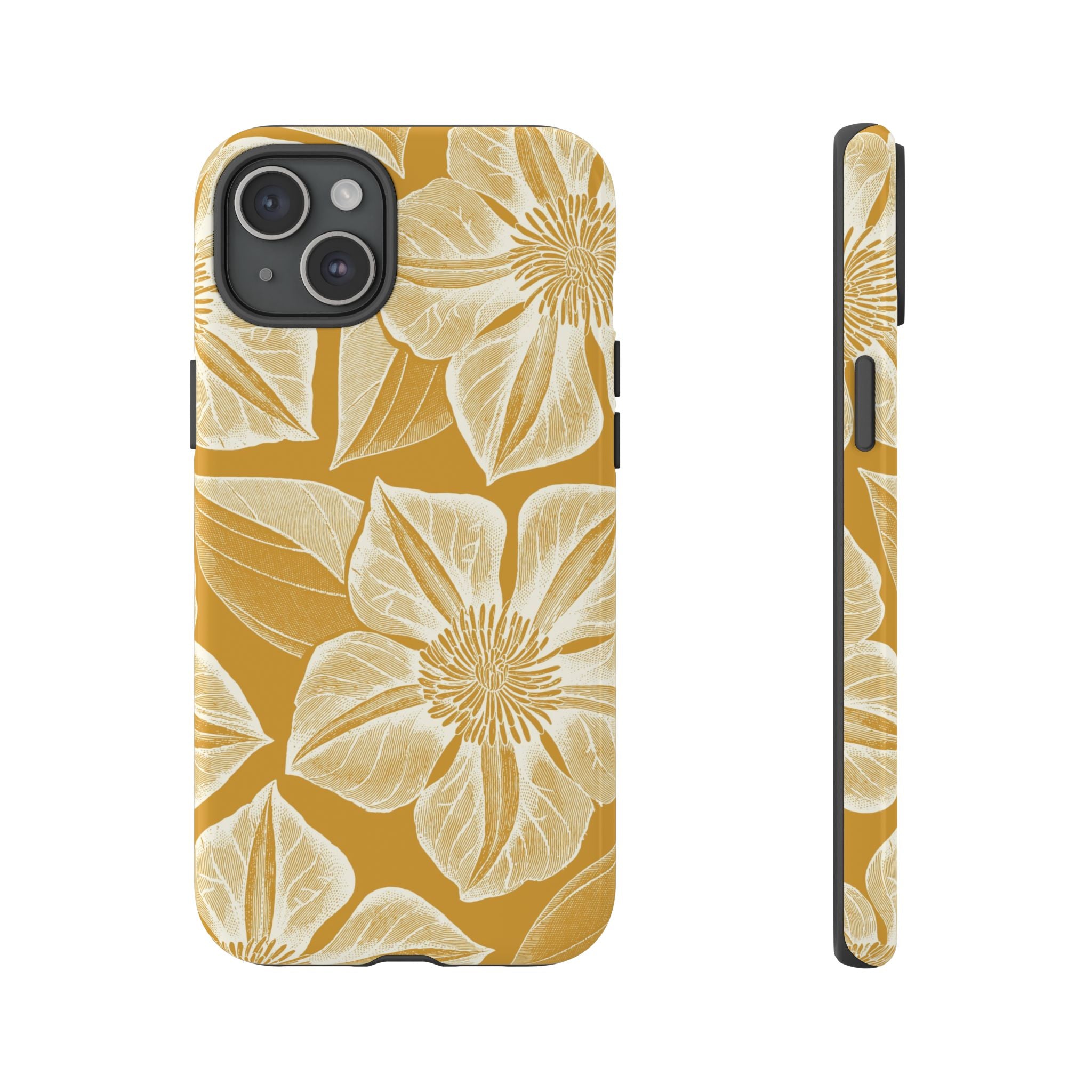 Vintage Bloom Gold iPhone 15 Plus case – Glossy | gold ground, large-scale cream clematis print, engraved petal detail, dual-layer protection