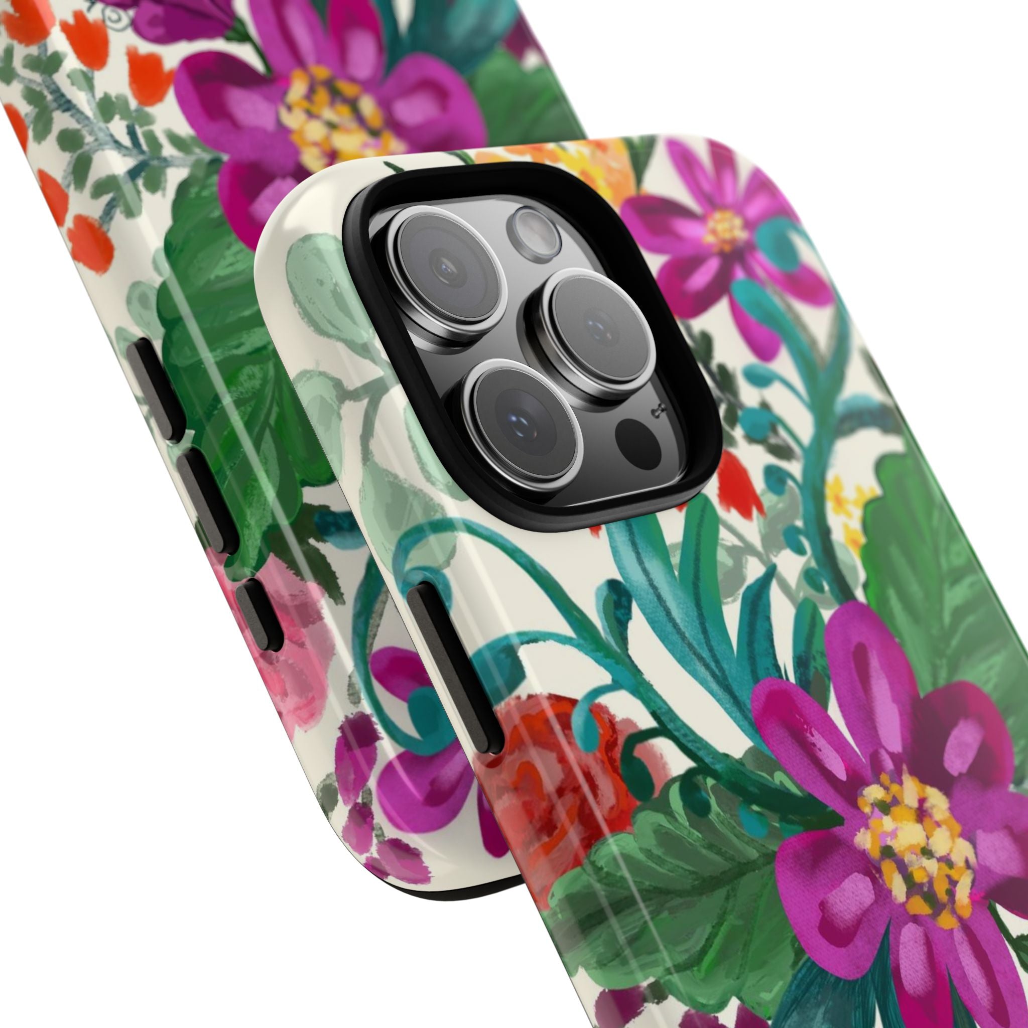 Posy Tough iPhone 16 Pro Max Case – lifestyle angled view | cream, magenta, coral botanical floral print