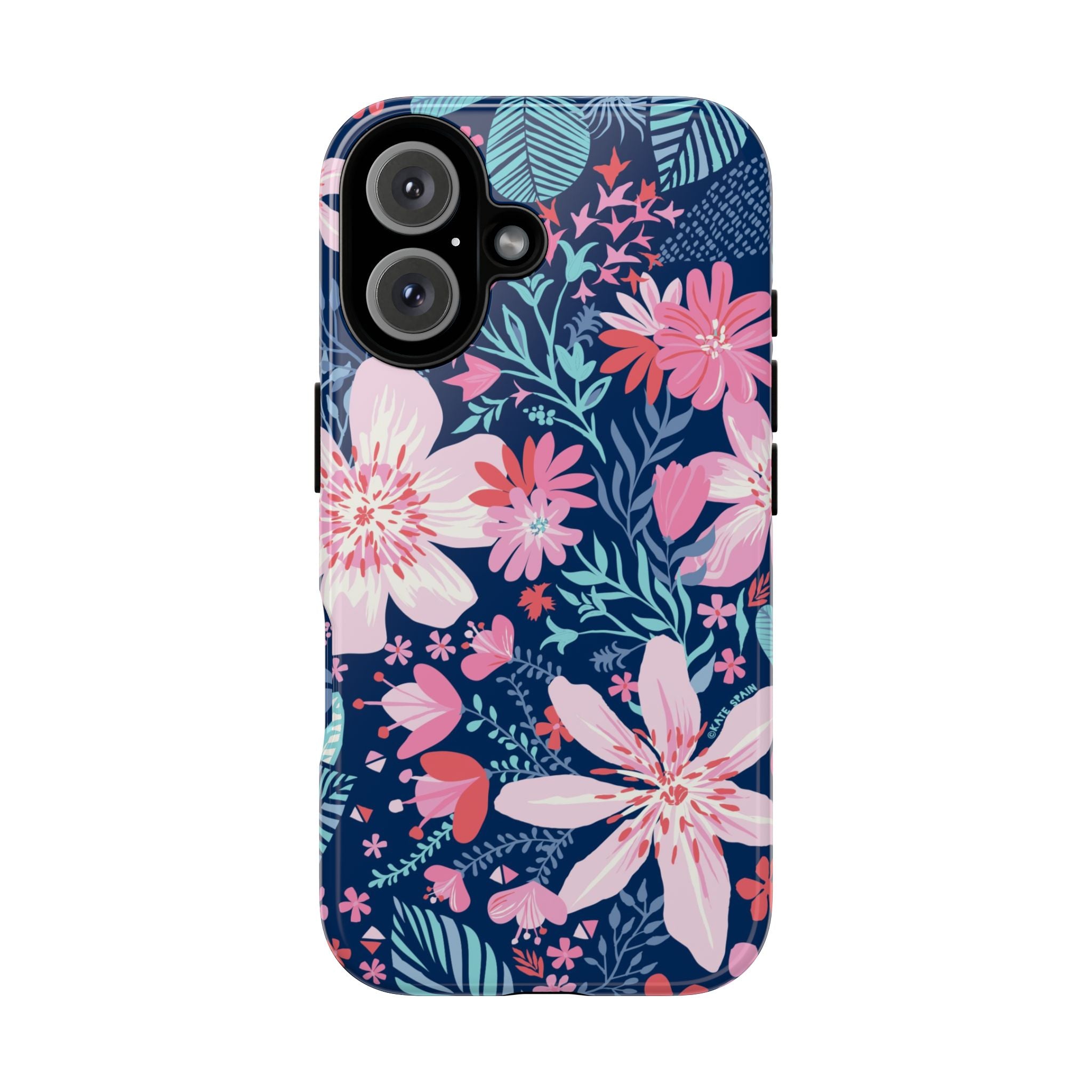 Bonaire Tough iPhone 16 Case – Glossy | navy, pink, white tropical floral botanical print