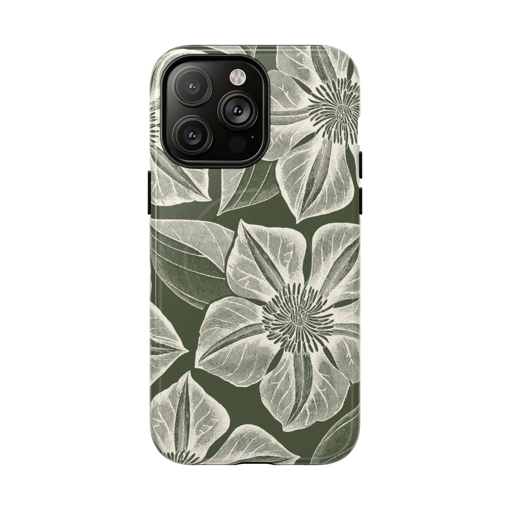 Vintage Bloom Cypress MagSafe iPhone 14 Pro Max – Glossy | cypress green ground, large-scale white clematis print, engraved petal detail, dual-layer protection