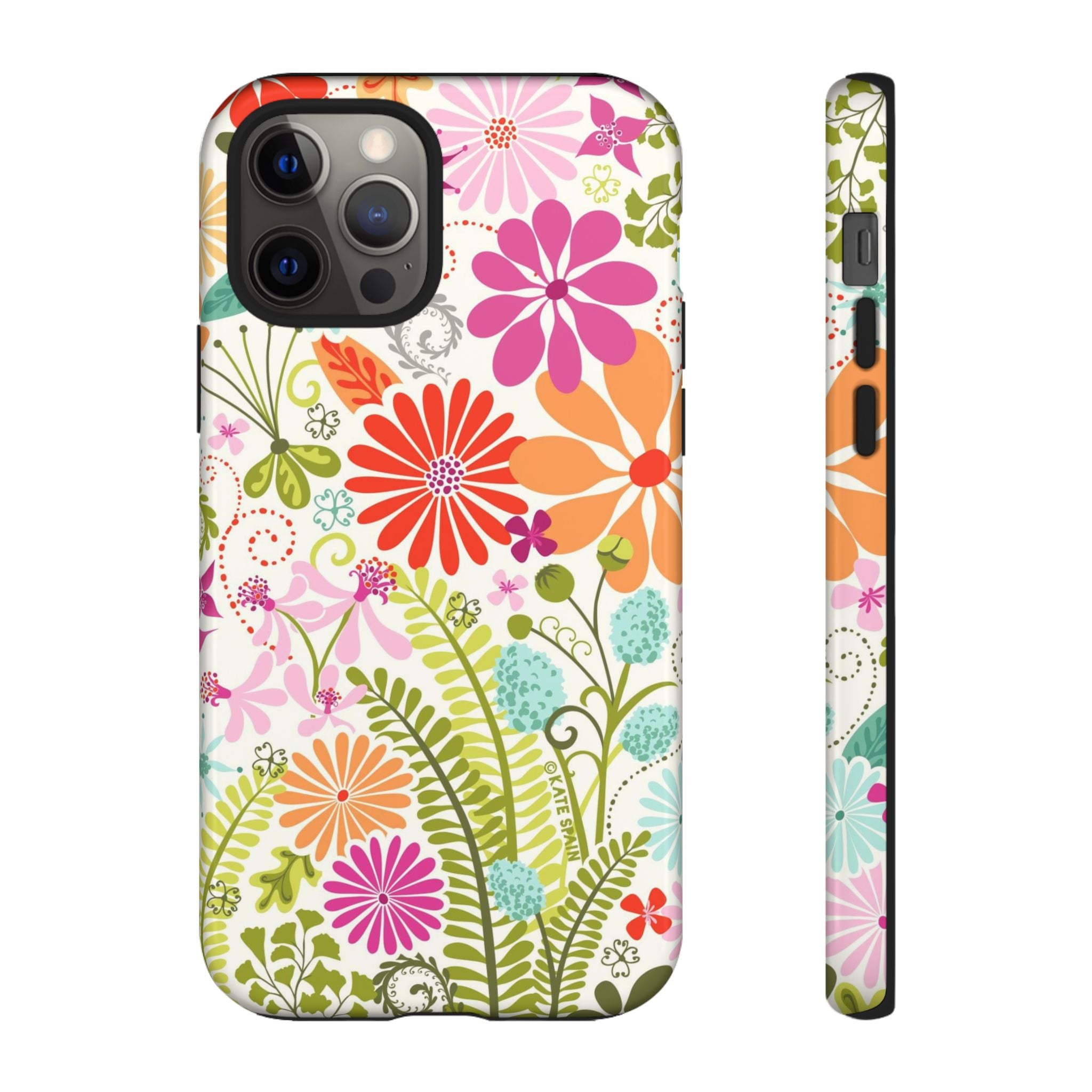 Luxury Terrain Tough iPhone 12 Pro Case – Glossy | white, magenta, coral botanical woodland floral print
