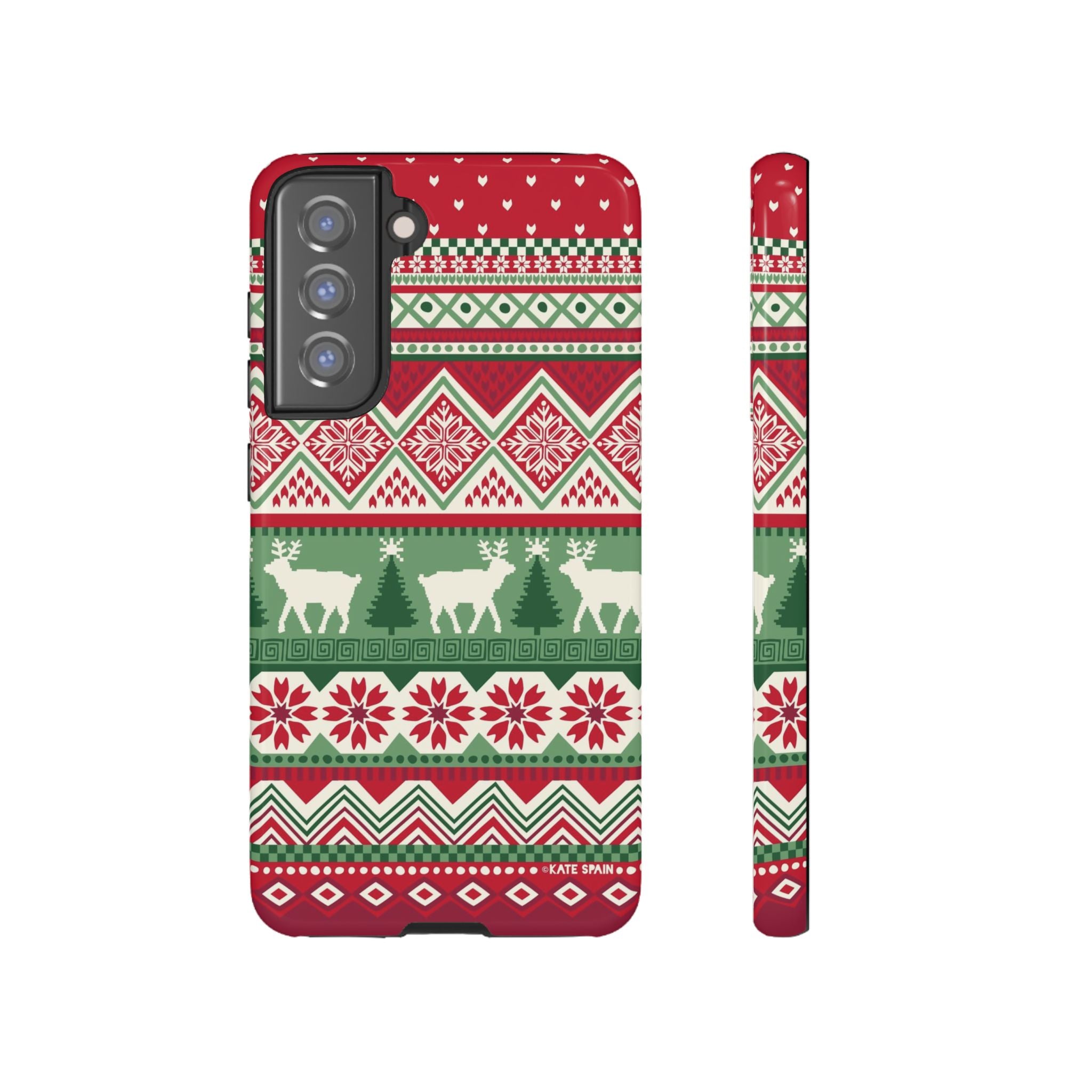 Luxury Telemark Samsung Galaxy S21 FE Case – Glossy | red, green, cream Nordic fair isle reindeer print