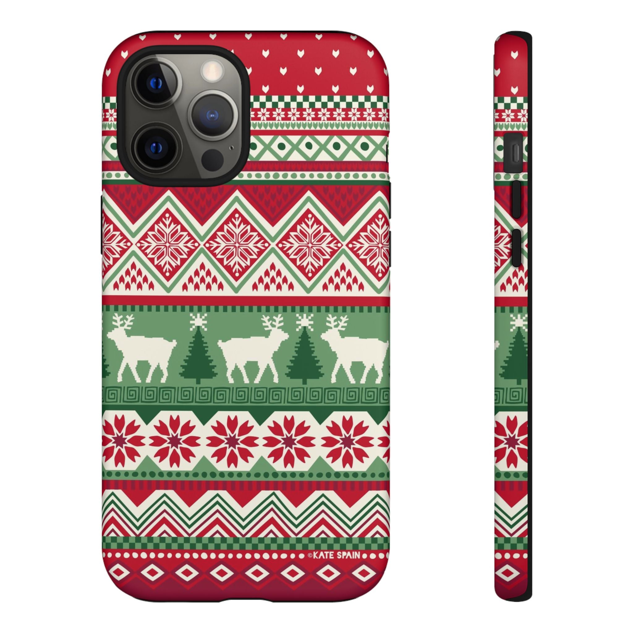 Telemark Tough iPhone 12 Pro Max Case – Matte | red, green, cream fair isle reindeer Nordic print