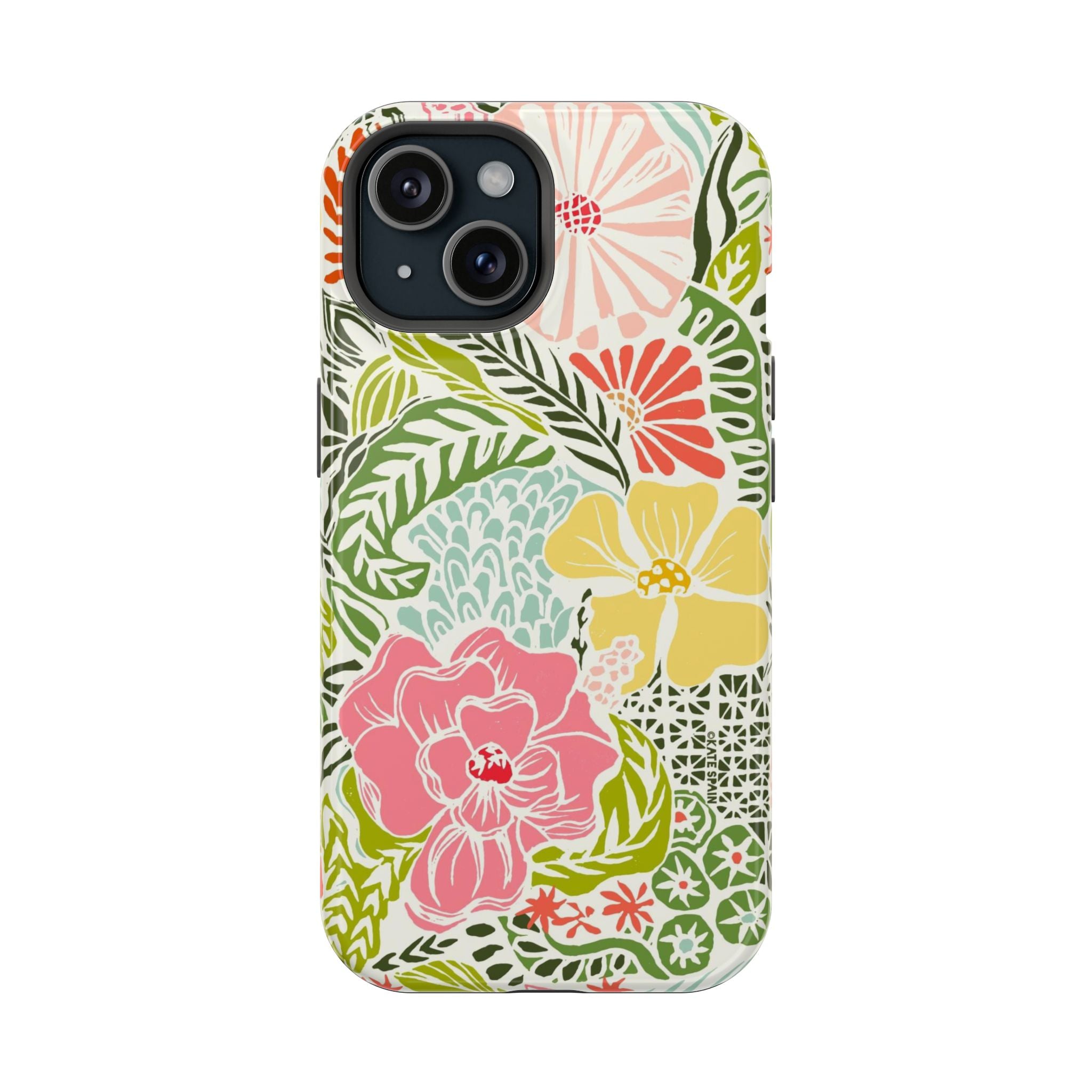 Tropica MagSafe iPhone 15 Case – Glossy | cream, pink, yellow, blue botanical floral print MagSafe compatible, dual-layer protection