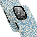 Lily Blue iPhone 17 Case – Glossy | angled view showing camera cutout and buttons — botanical phone case by Kate Spain