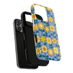 Sunflowers MagSafe iPhone 16 Pro Max Case – Dual-layered view of case and inner lining in front of phone, with view of camera cutout and buttons | blue, yellow, gold geometric sunflower print