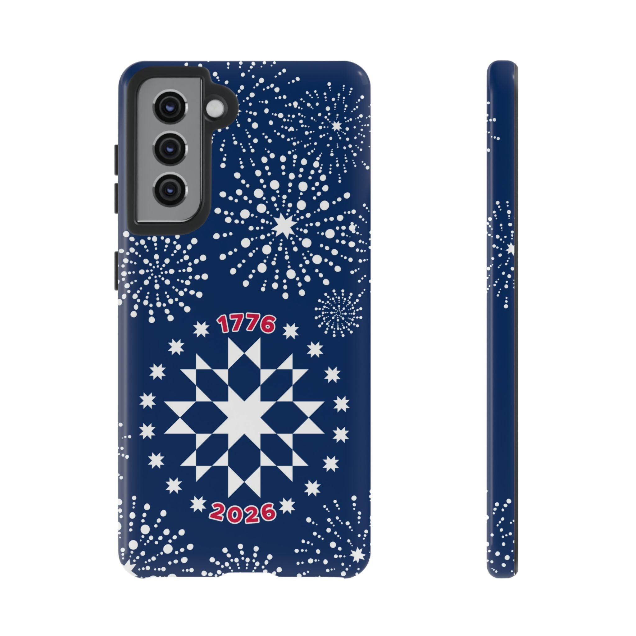 250th Fireworks Samsung Galaxy S21 Case – Glossy | navy, white patriotic star quilt fireworks print