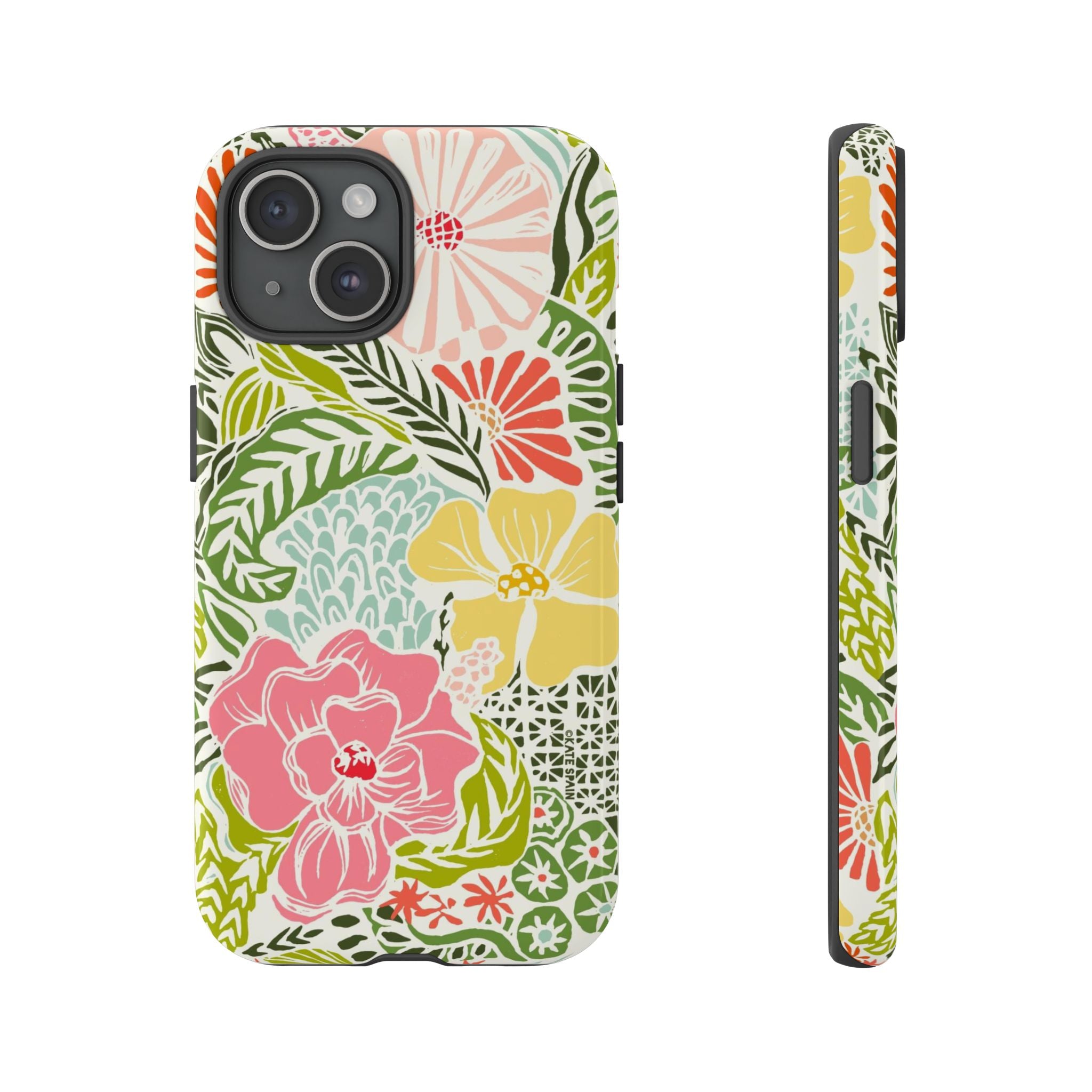 Tropica Tough iPhone 15 Case – Glossy | cream, pink, yellow, blue botanical floral print
