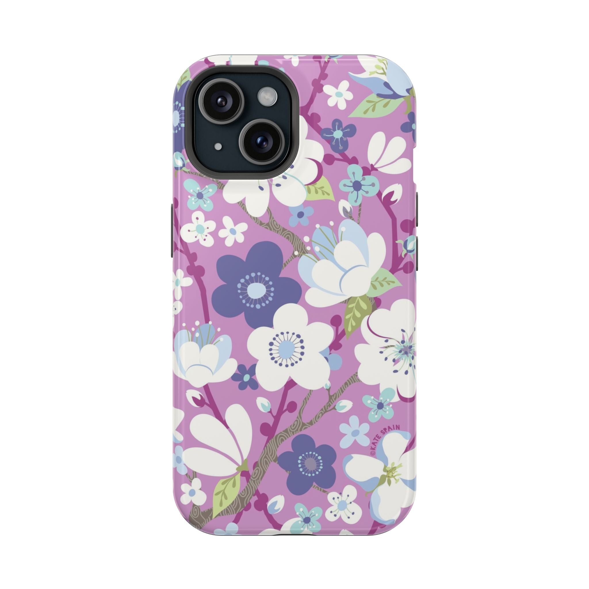 Luxury Cherry Blossom MagSafe iPhone 15 Case – Glossy | mauve, purple, blue, white cherry blossom print