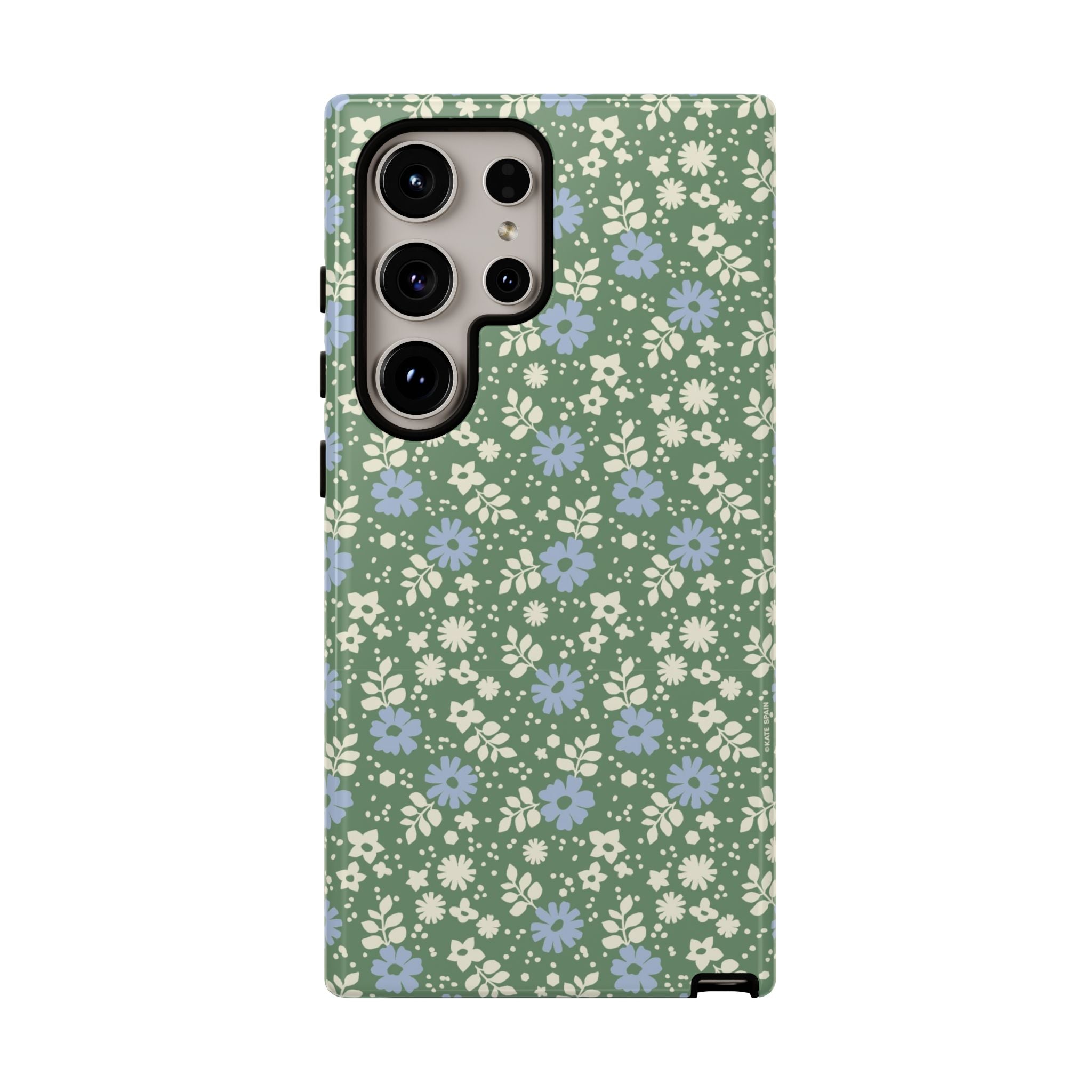 Cottage Core Cute Petaline Samsung Galaxy S24 Ultra Case – Glossy | green background with white and blue ditsy florals