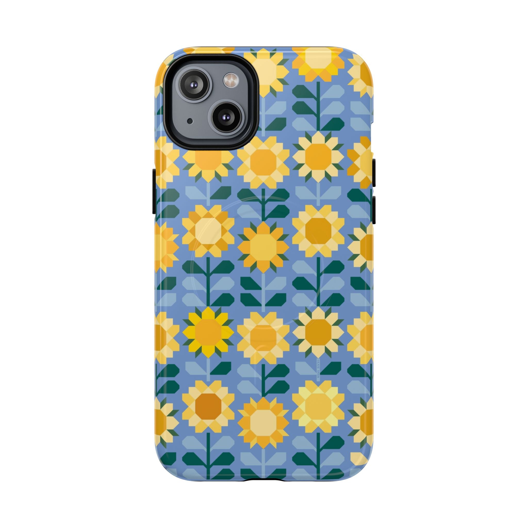 Sunflowers MagSafe iPhone 14 Plus Case – Glossy | blue, yellow, gold geometric sunflower print