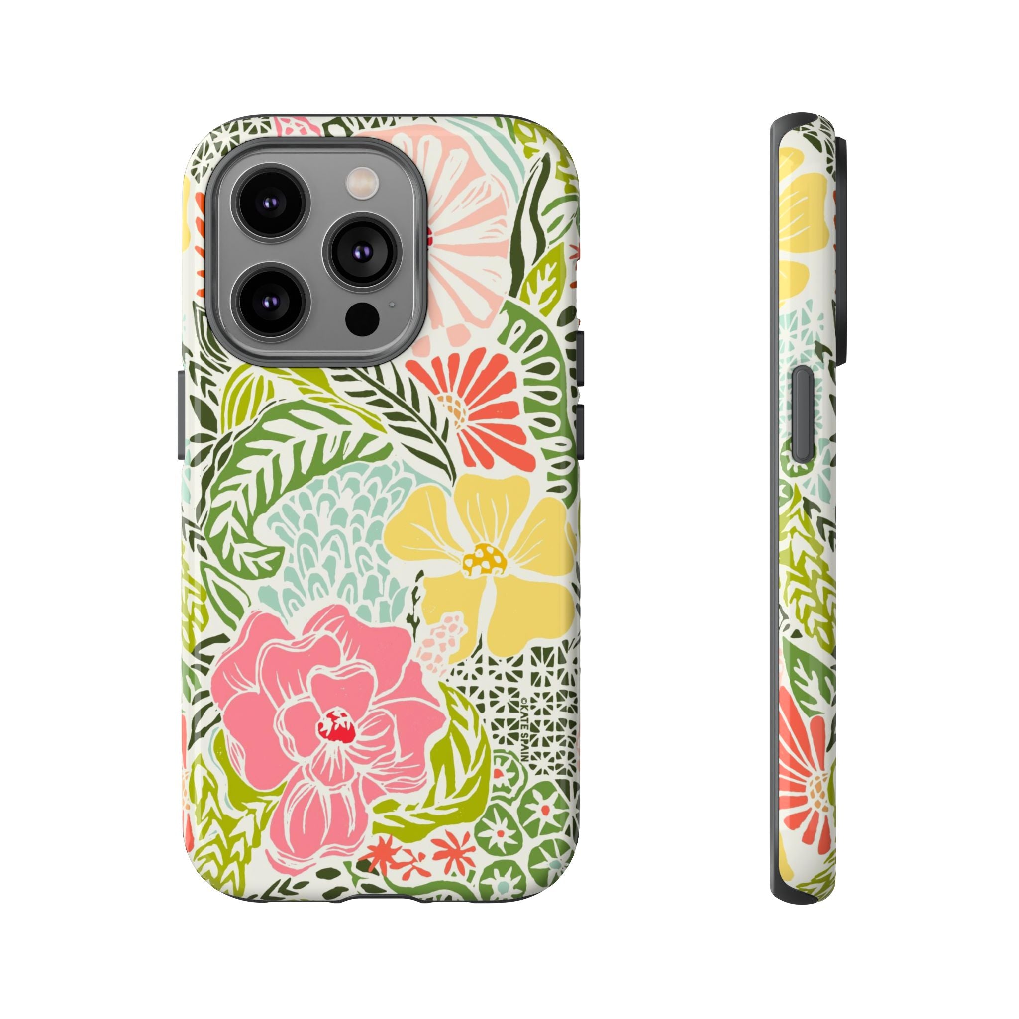 Tropica Tough iPhone 14 Pro Case – Glossy | cream, pink, yellow, blue botanical floral print