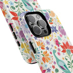Peacock Sanctuary MagSafe iPhone 16 Pro Max Case – Glossy | cream, teal, coral multicolor vibrant peacock feather botanical print | angled view closeup of camera cutout and buttons