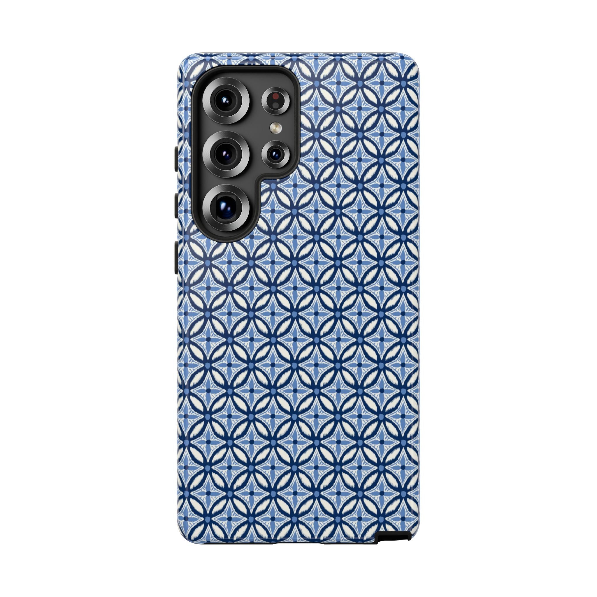 Light blue Samsung Galaxy case with navy and periwinkle ikat geometric pattern — botanical phone case by Kate Spain for Floriori