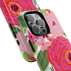 Bloomerie Fuchsia MagSafe iPhone 16 Pro Max Case – Dual-layered view of case and inner lining in front of phone, with view of camera cutout and buttons | cream, magenta, coral botanical peony floral print