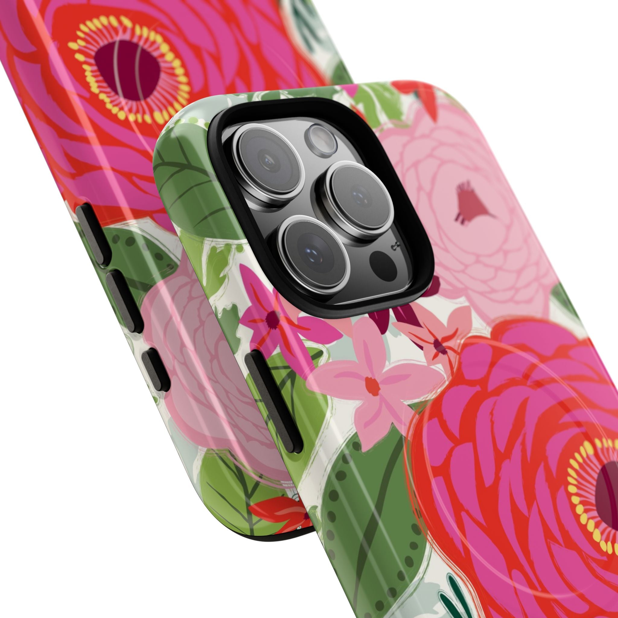 Bloomerie Fuchsia MagSafe iPhone 16 Pro Max Case – Dual-layered view of case and inner lining in front of phone, with view of camera cutout and buttons | cream, magenta, coral botanical peony floral print
