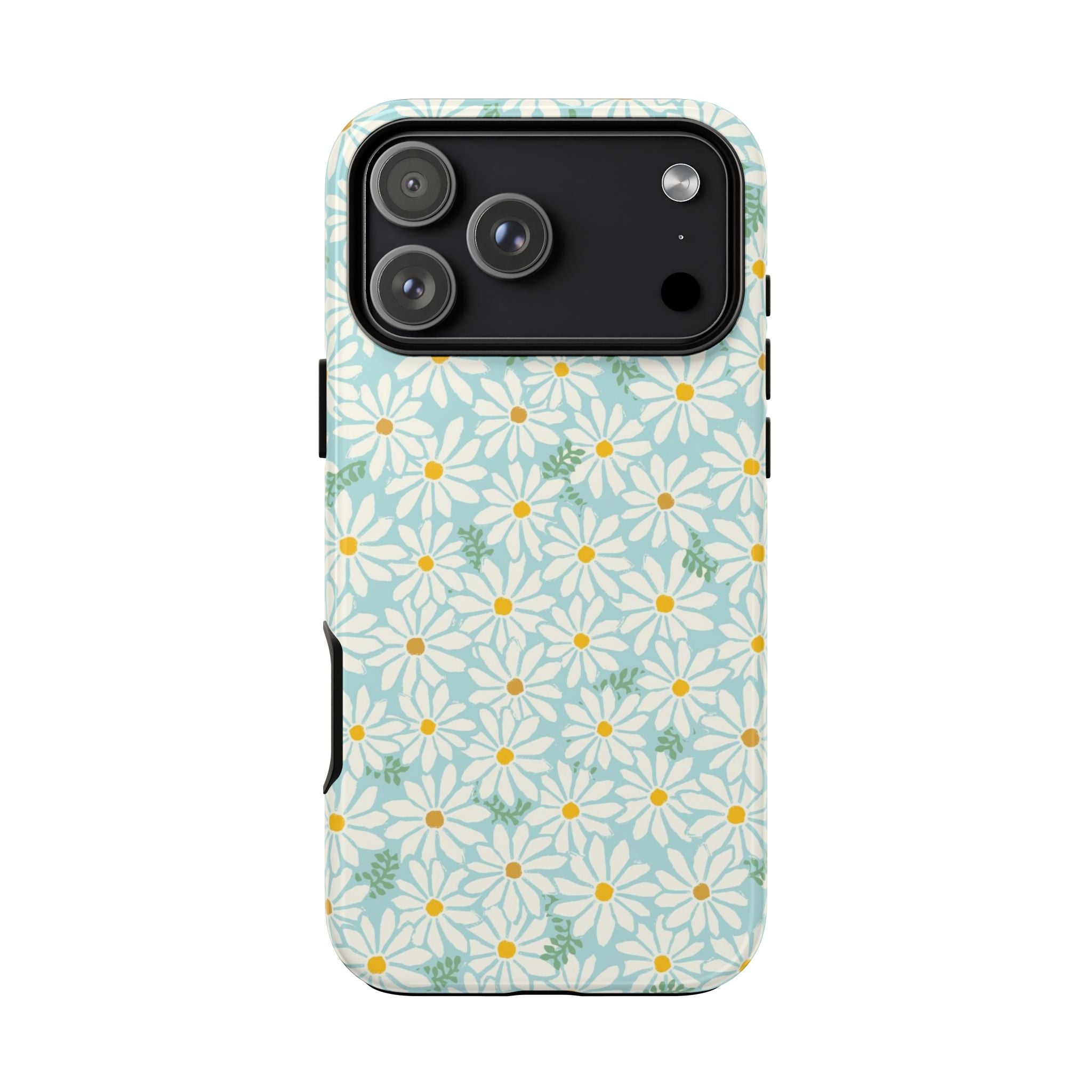 Daisies Tough iPhone 17 Pro Max Case – Glossy | sky blue, white daisy print, golden yellow centers, mint green leaves dual-layer protection