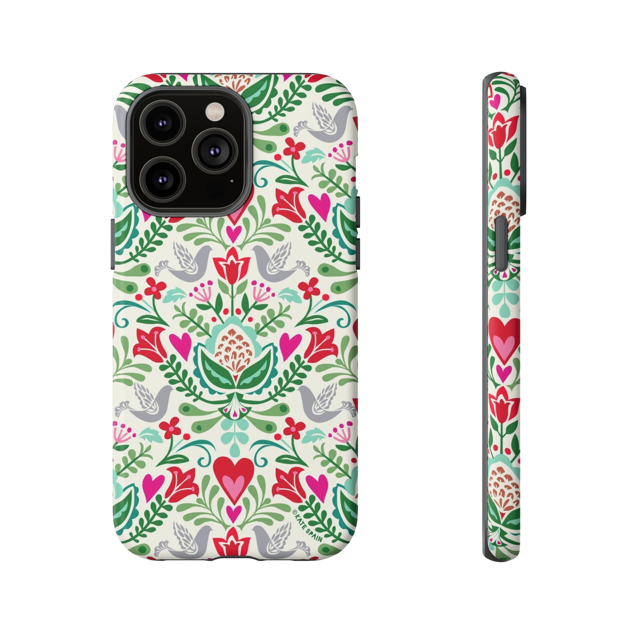 Rosemaling Tough iPhone 14 Pro Max Case – Matte | cream, red, pink, green, gray folk art floral bird print