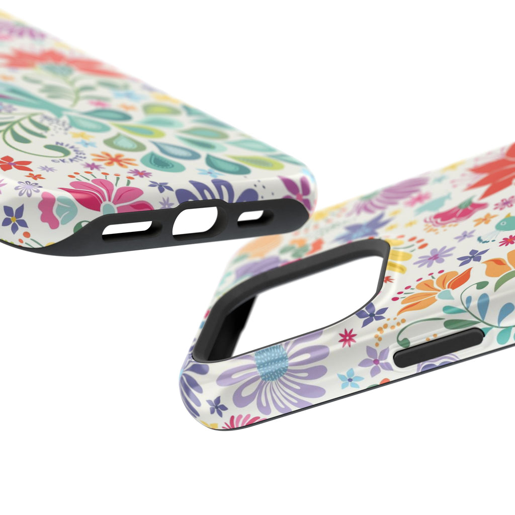 Peacock Sanctuary MagSafe iPhone 16 Pro Max Case – Glossy angled view closeup of camera cutout and buttons | ivory, teal, navy peacock botanical print MagSafe compatible, dual-layer protection