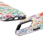 Peacock Sanctuary MagSafe iPhone 16 Pro Max Case – Glossy angled view closeup of camera cutout and buttons | ivory, teal, navy peacock botanical print MagSafe compatible, dual-layer protection