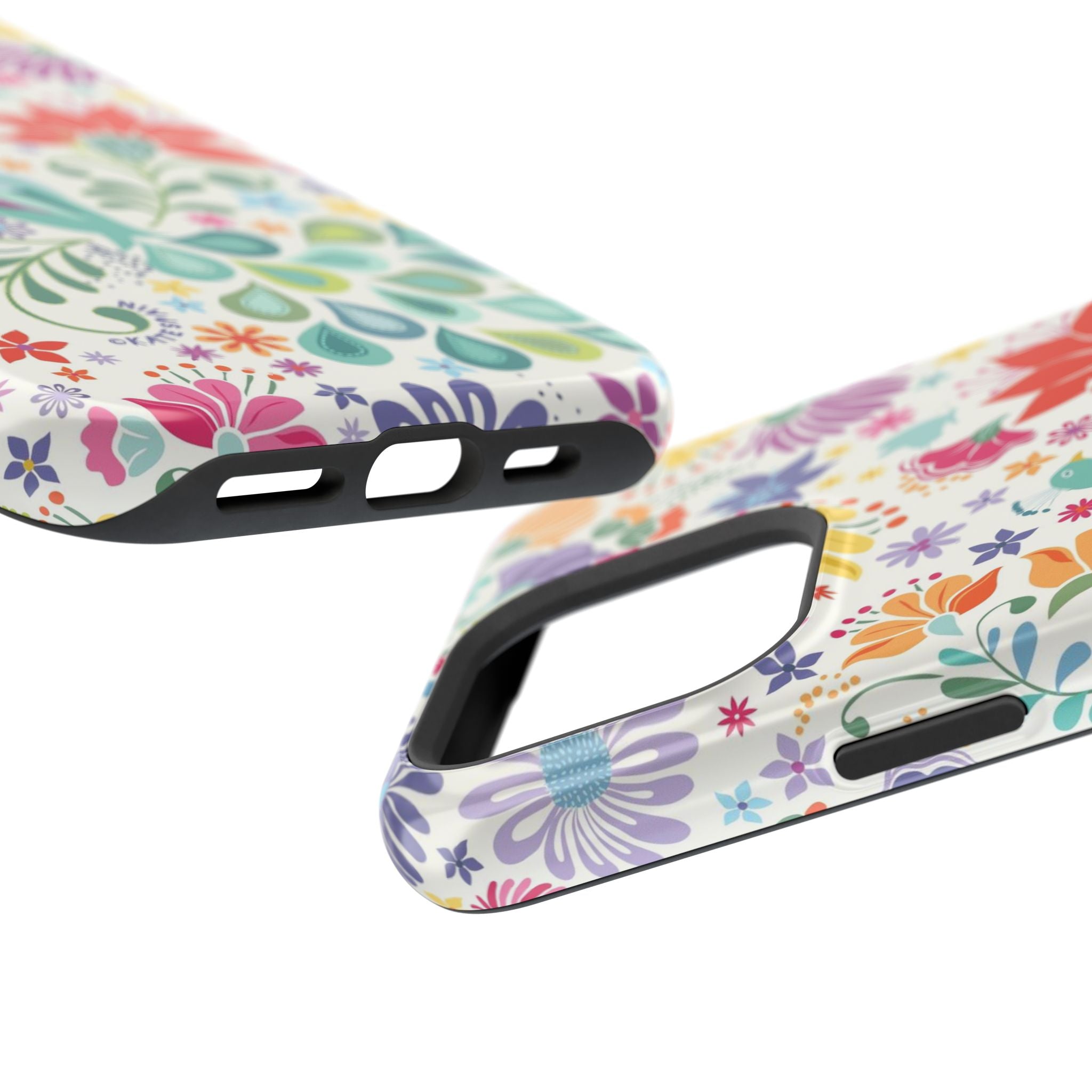Peacock Sanctuary MagSafe iPhone 16 Pro Max Case – Glossy angled view closeup of camera cutout and buttons | ivory, teal, navy peacock botanical print MagSafe compatible, dual-layer protection