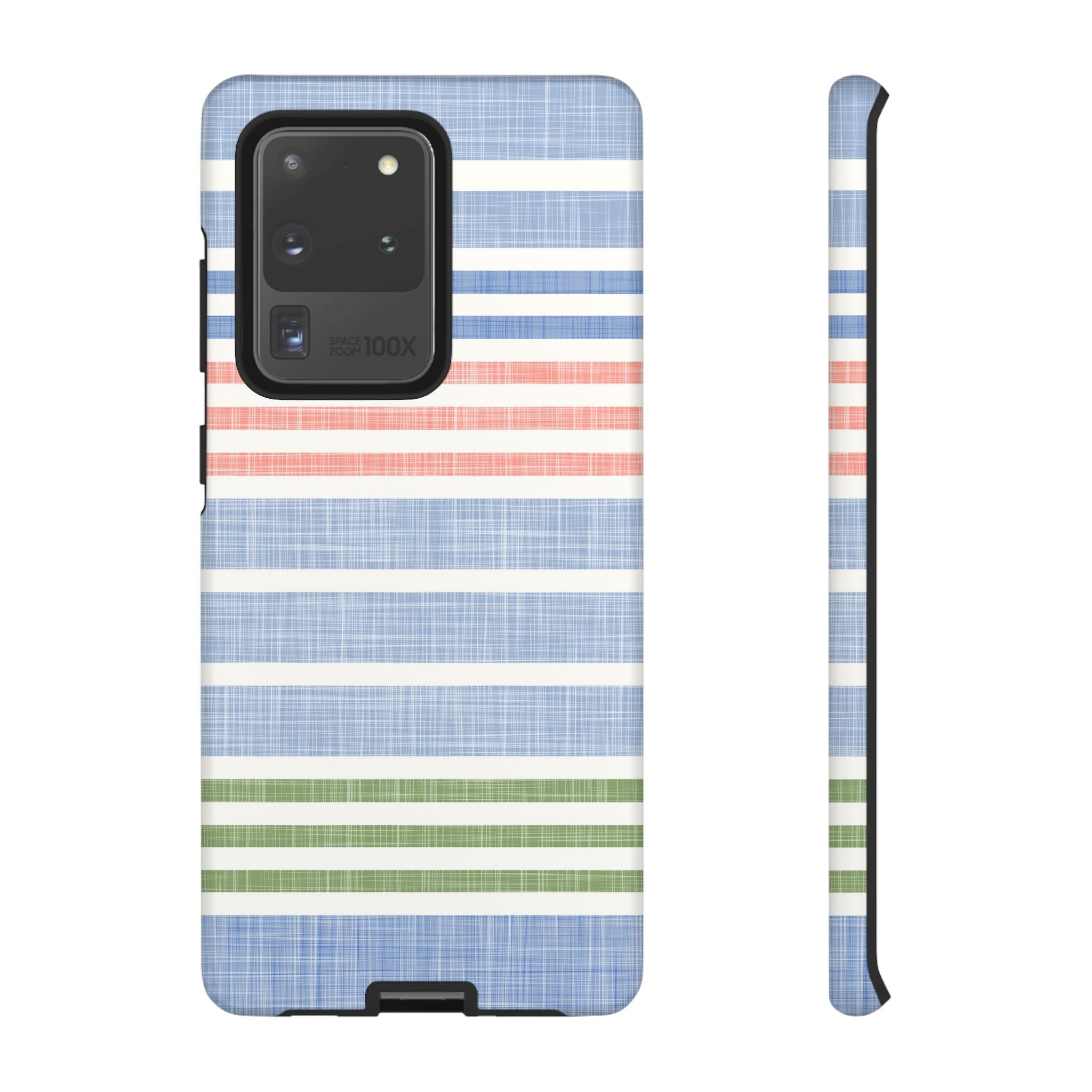 Cabana Stripe Pastel Samsung Galaxy S20 Ultra Case – Matte | soft blue, coral, sage green chambray-textured stripe print dual-layer protection