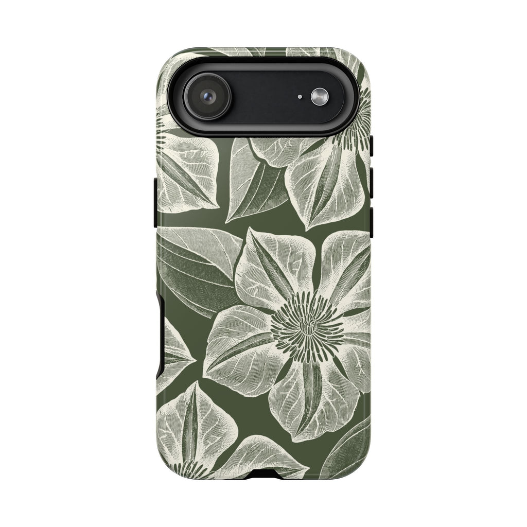Vintage Bloom Cypress iPhone 17 Air case – Glossy | cypress green ground, large-scale white clematis print, engraved petal detail, dual-layer protection